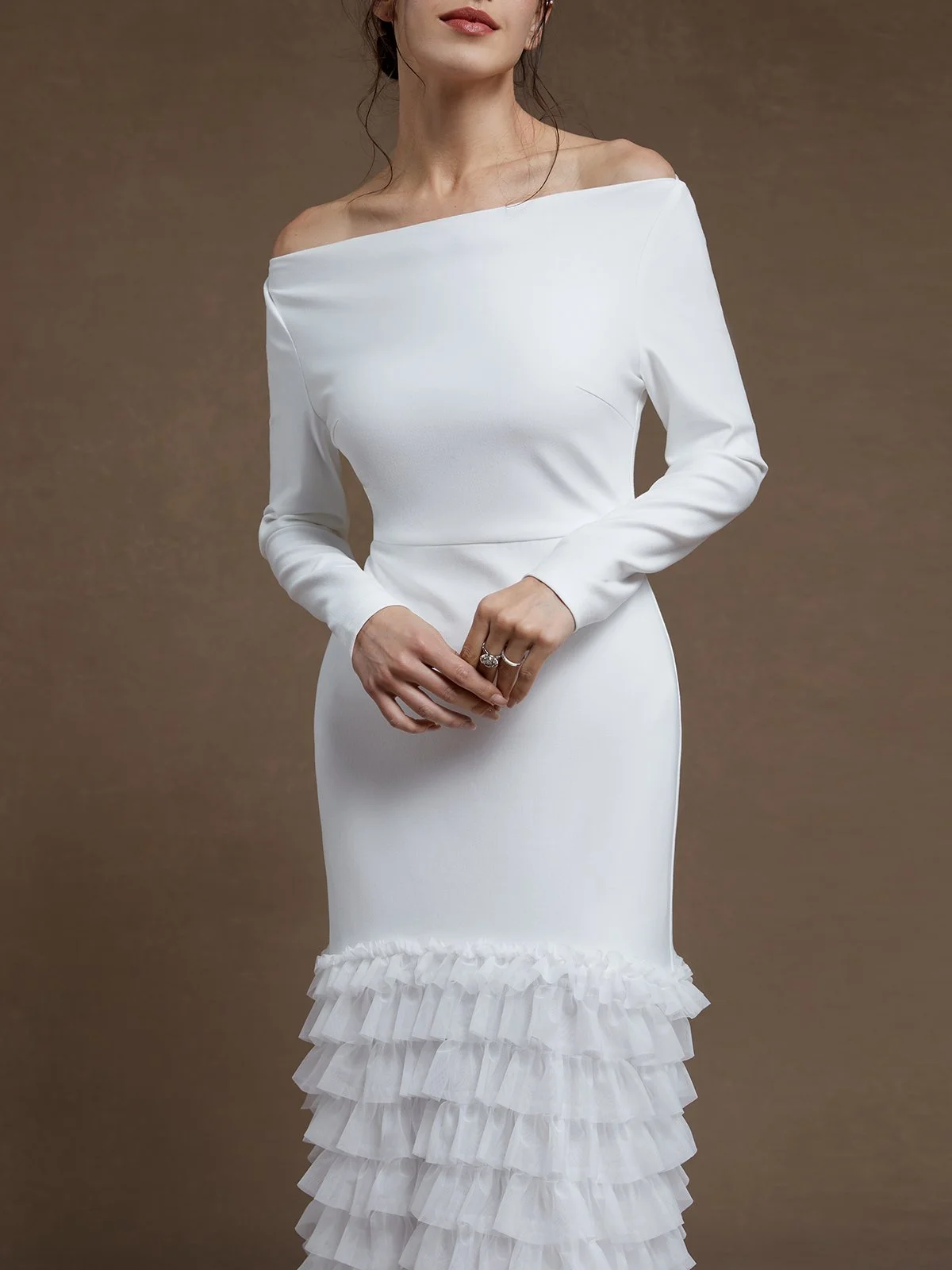 Off White Ruched Classic Off The Shoulder Long Sleeve Mermaid Gown