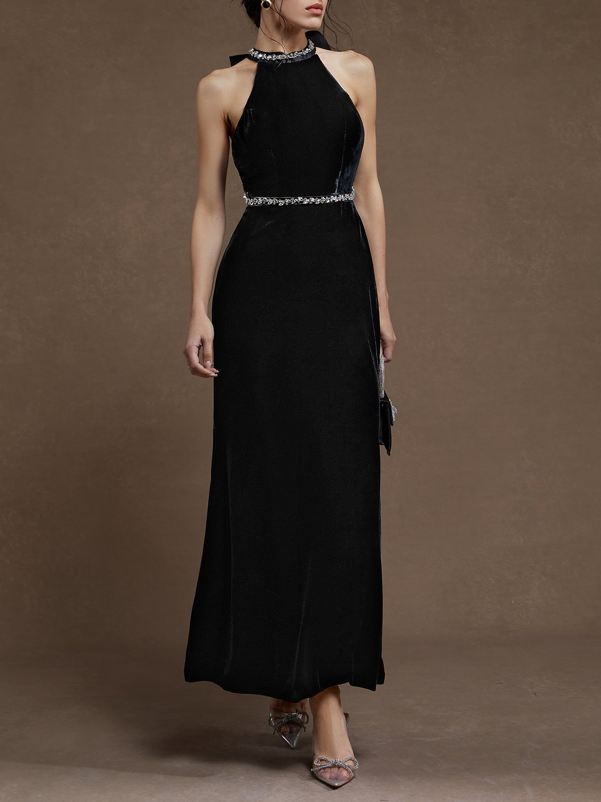 Black Sequin One Shoulder Sleeveless Sheath Maxi Dress