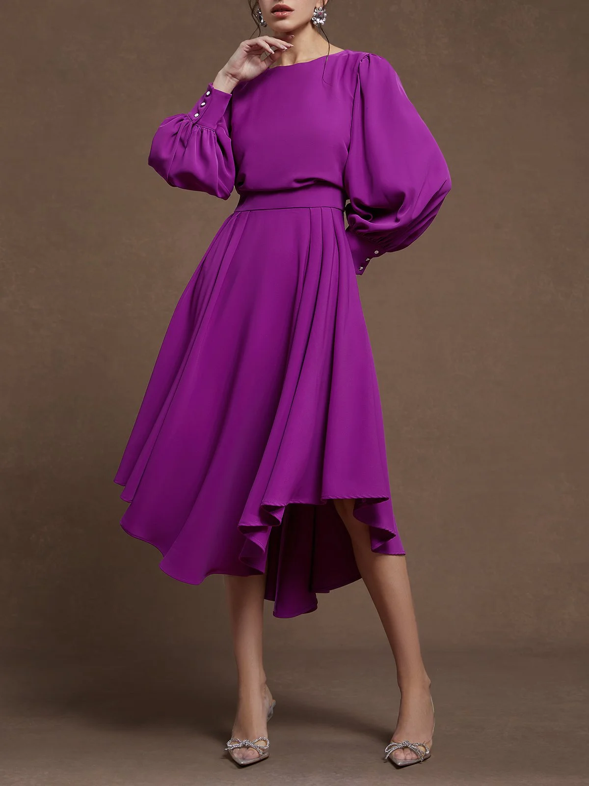 Rose Red Asymmetric Classic Boat Neck Long Sleeve Balloon Sleeve A-Line Midi Dress