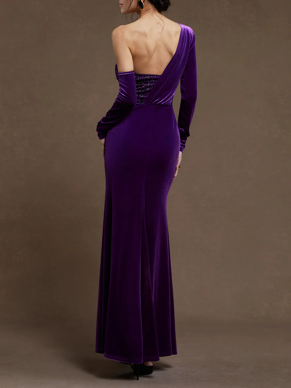 Purple Glitter Ruched Velvet One Shoulder Long Sleeve Sheath Maxi Dress