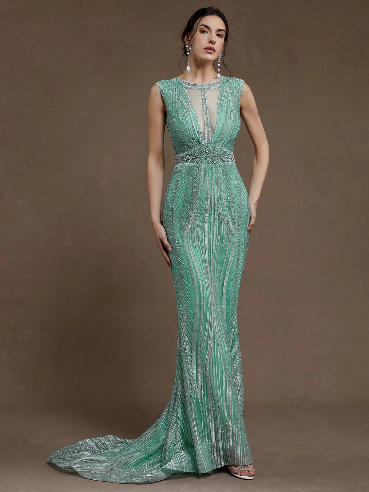 Green Rhinestone Ruched Wedding Dress V Neck Sleeveless Mermaid Gown Dress