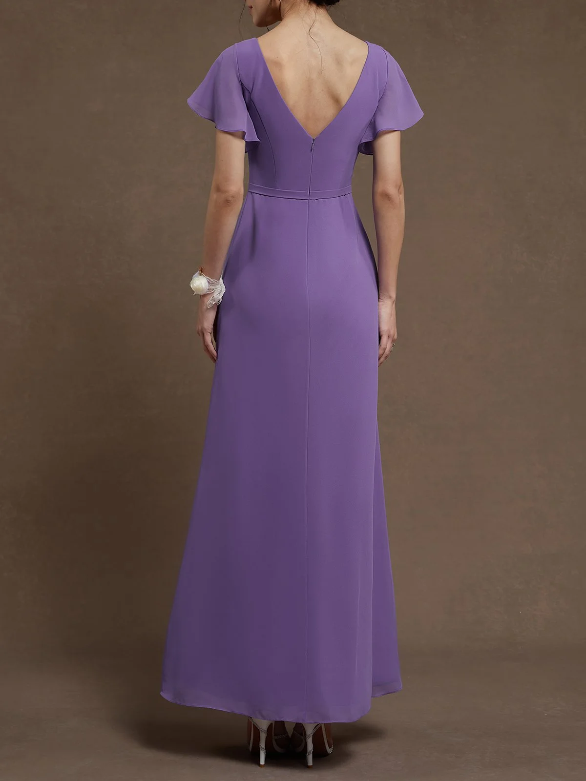 Purple Ruched V Neck Ruffle Sleeve A-Line Maxi Chiffon Dress