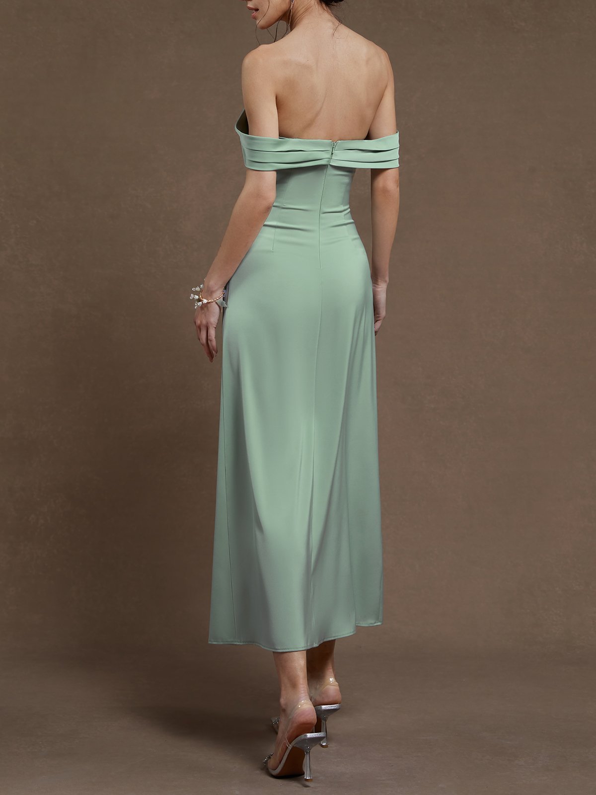 Lightgreen Ruched Satin Off The Shoulder Short Sleeve A-Line Maxi Dress