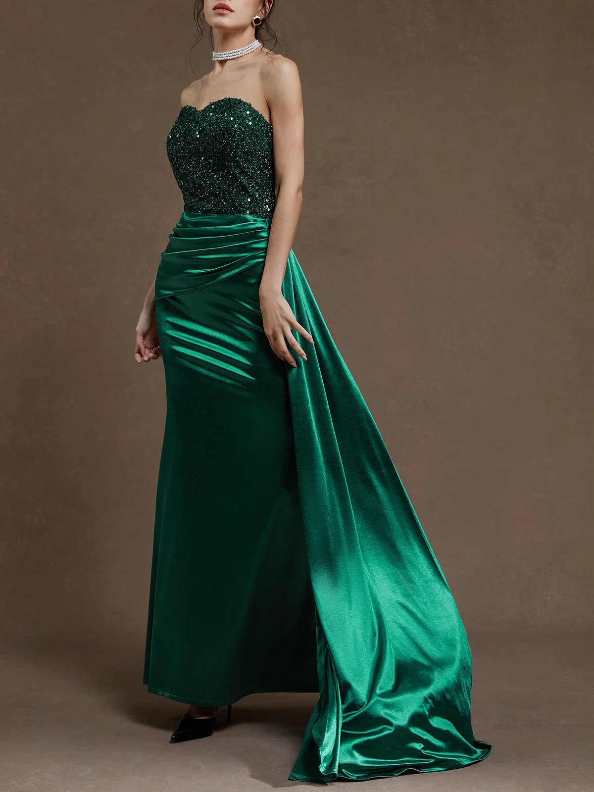 Green Glitter Ruched Velvet Strapless Sleeveless Sheath Maxi Dress