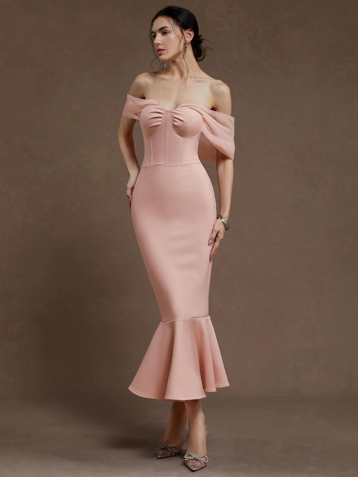 Pink Off The Shoulder Short Sleeve Mermaid Maxi Dress