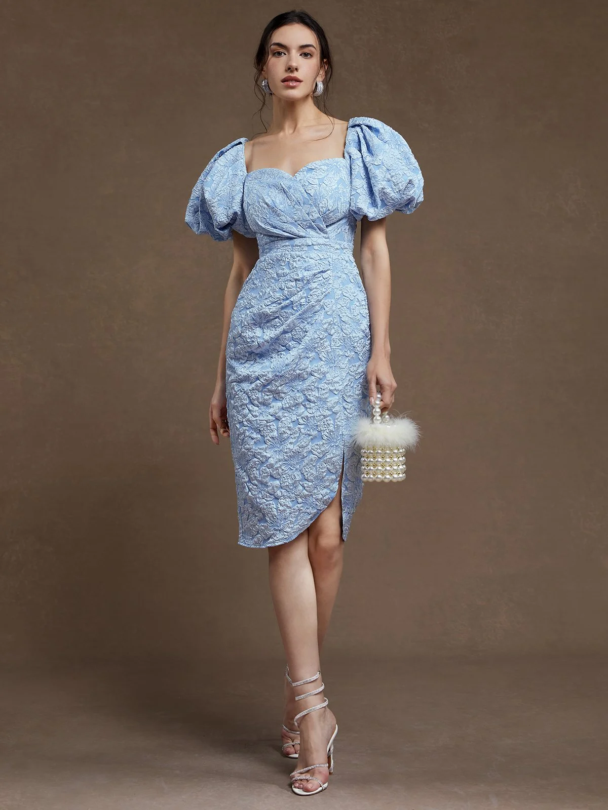 Light Blue Jacquard Sweetheart Neckline Puff Sleeve Sheath Midi Dress