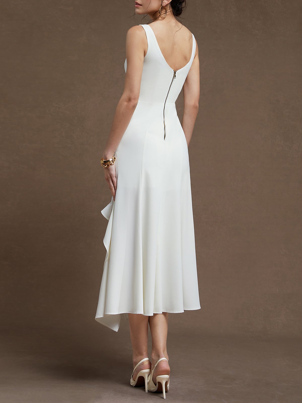 White Asymmetric Classic Spaghetti Sleeveless A-Line Midi Dress