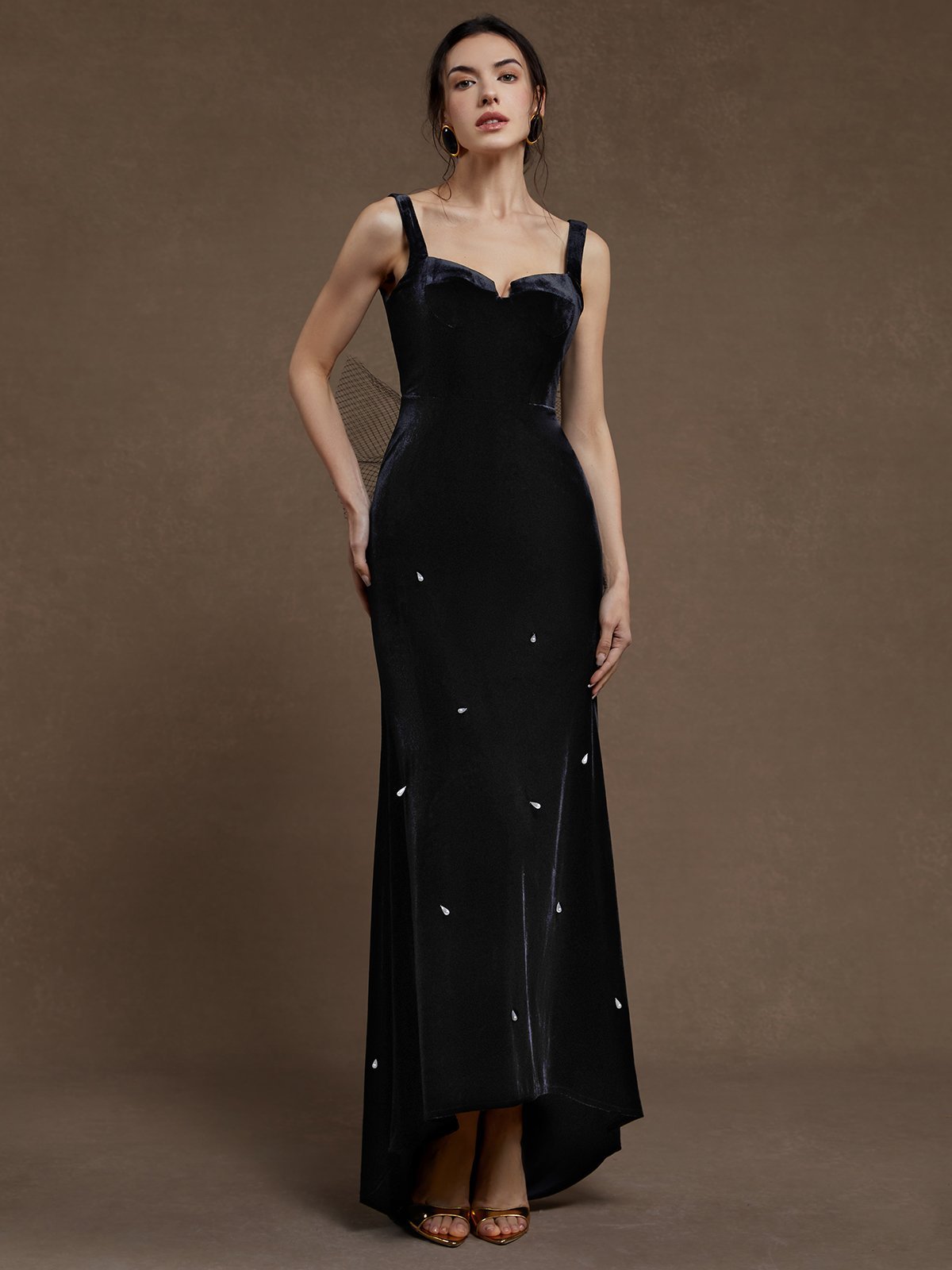 Black Velvet Spaghetti Sleeveless A-Line Gown