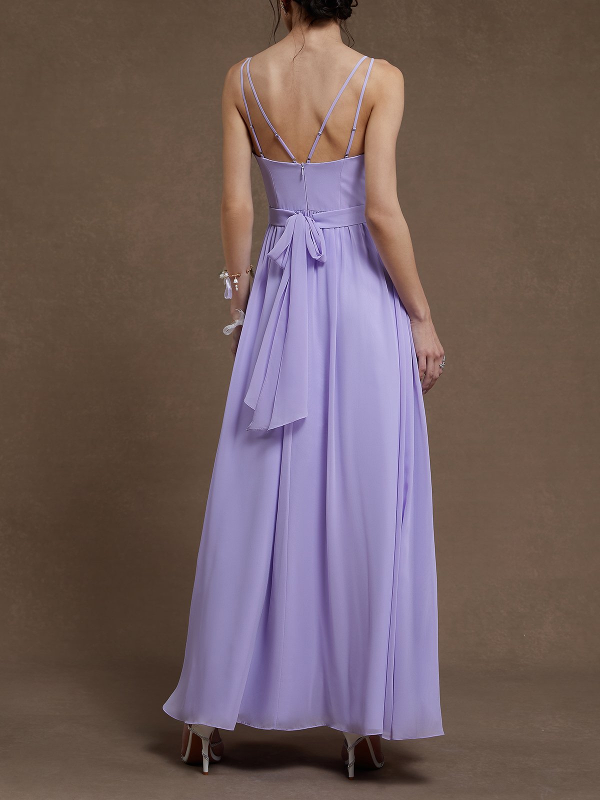 Purple Chiffon Spaghetti Gallus A-Line Gown Dress