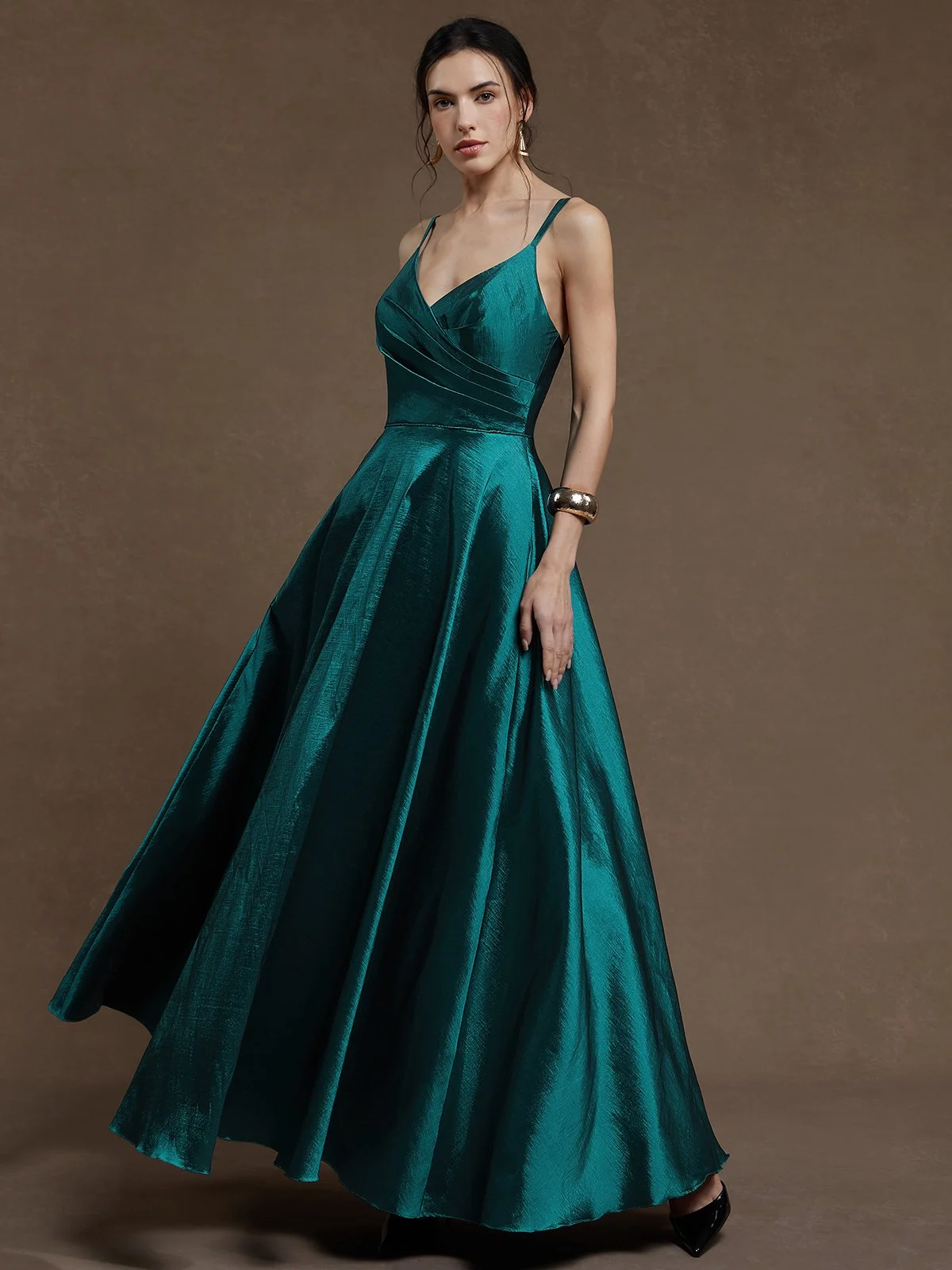 Cyan Satin Spaghetti Gallus A-Line Maxi Dress