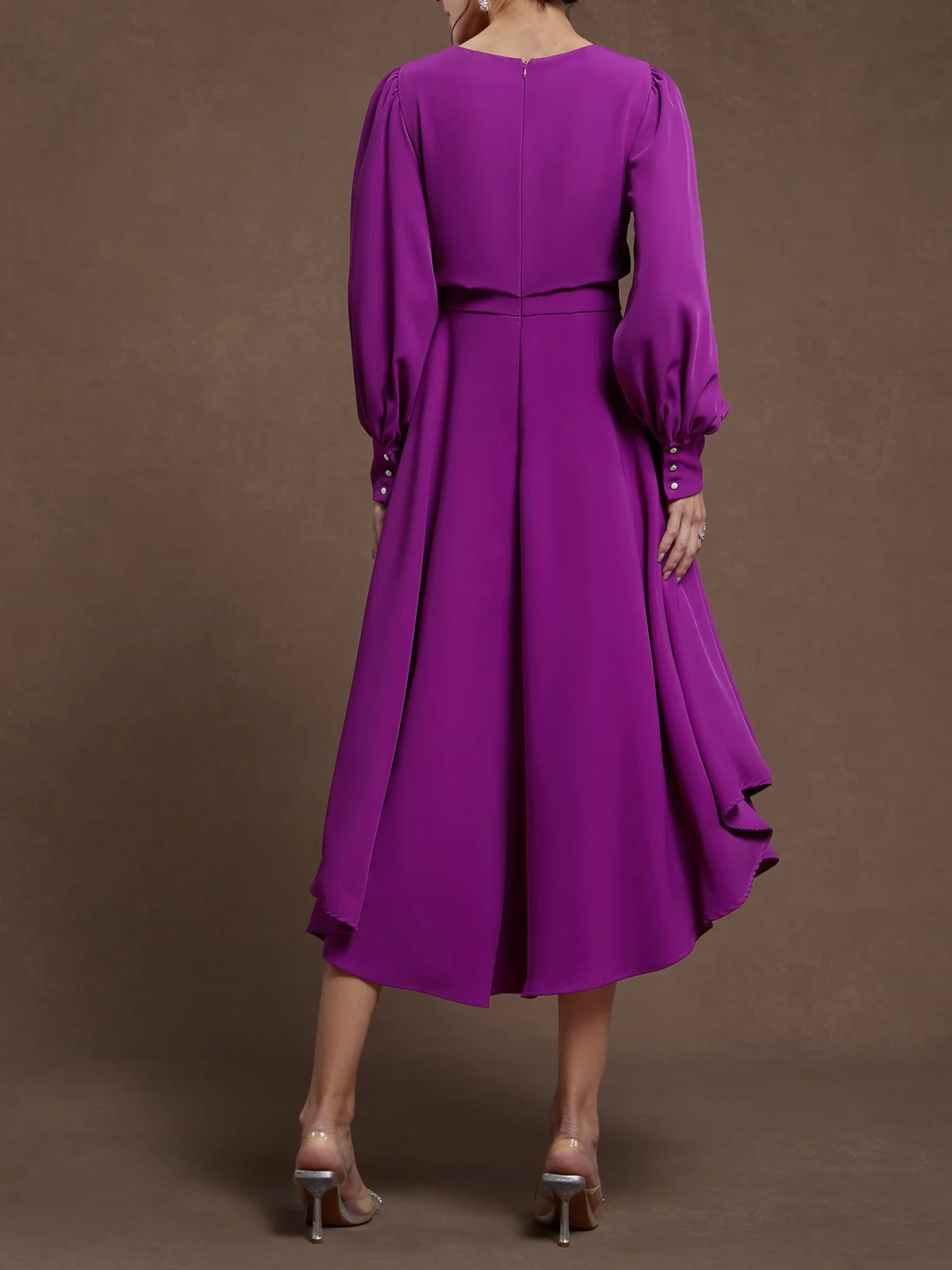 Rose Red Asymmetric Classic Boat Neck Long Sleeve Balloon Sleeve A-Line Midi Dress