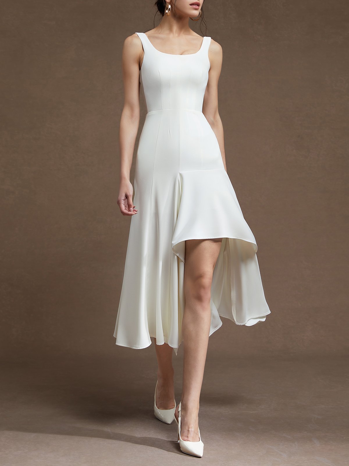 White Asymmetric Classic Spaghetti Sleeveless A-Line Midi Dress