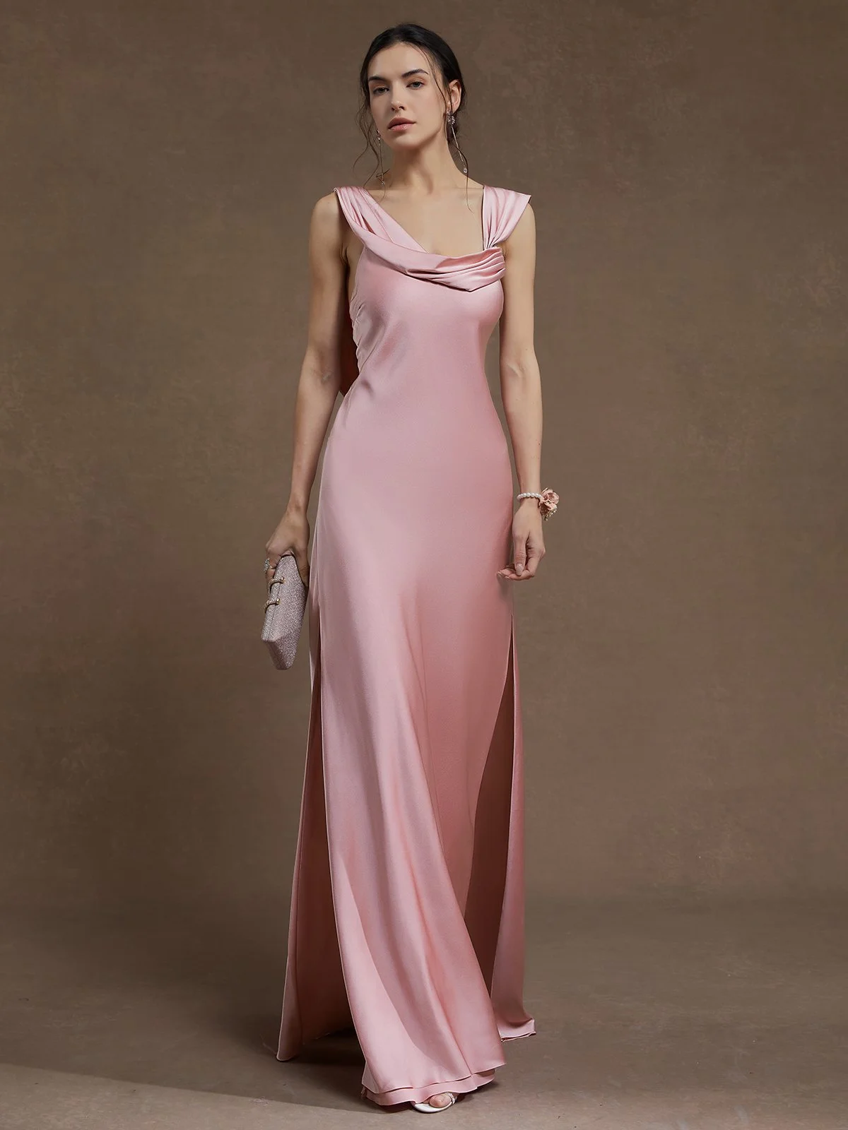 Pink Ruched Ruched Satin Sleeveless A-line Gown