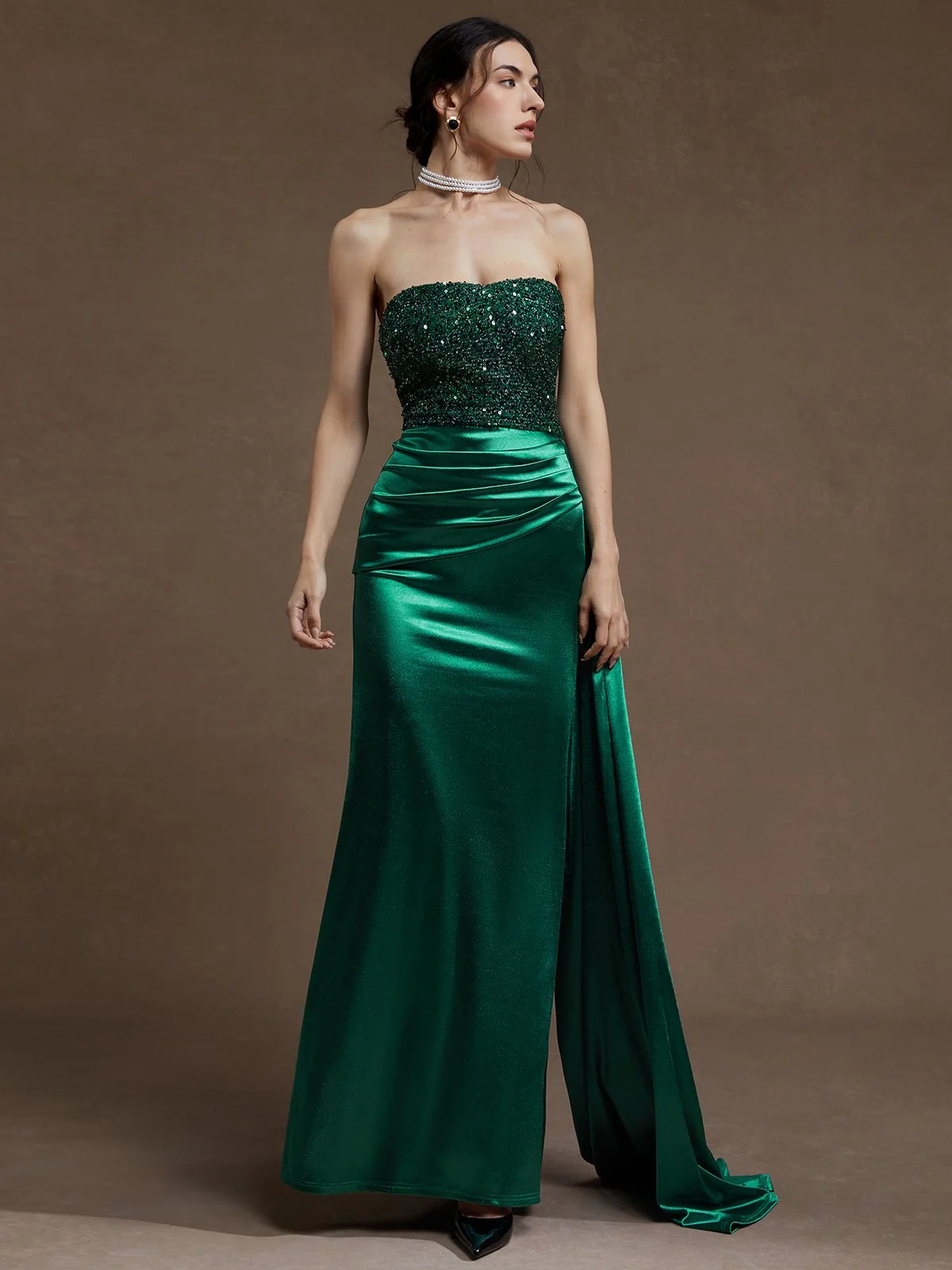 Green Glitter Ruched Velvet Strapless Sleeveless Sheath Maxi Dress