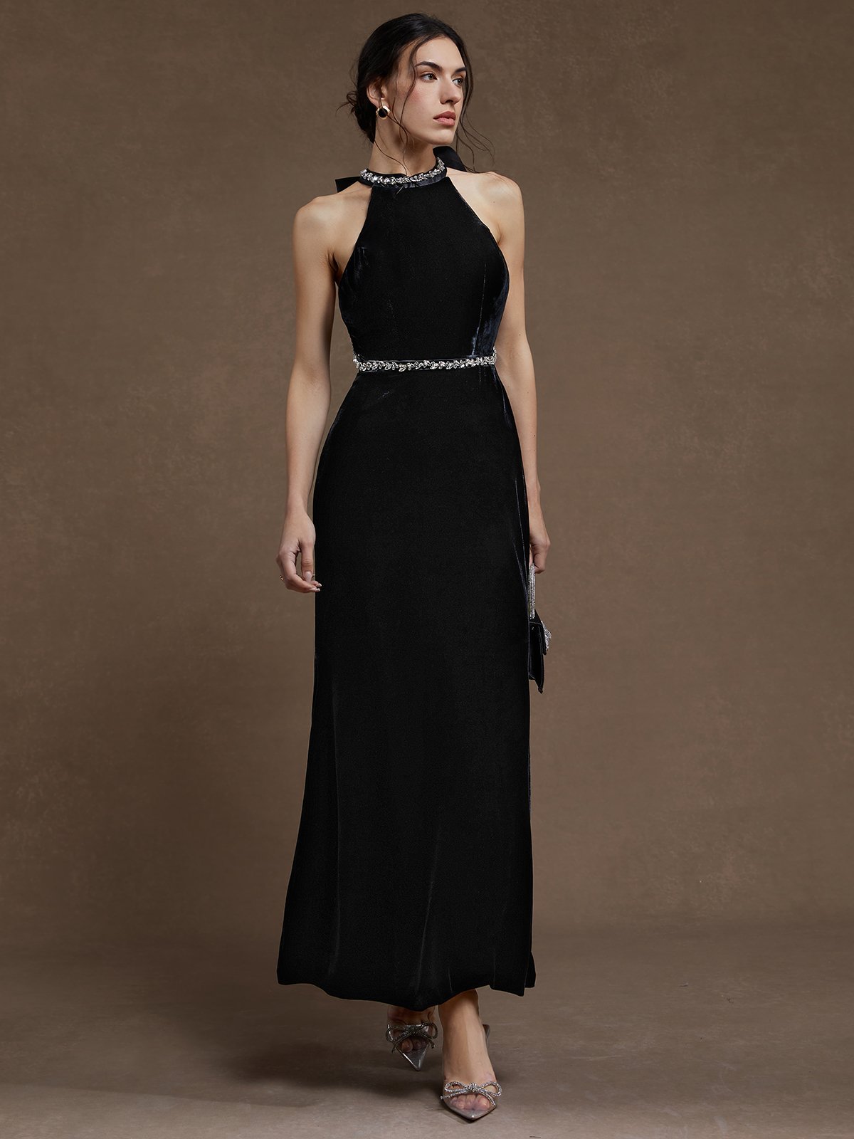 Black Sequin One Shoulder Sleeveless Sheath Maxi Dress