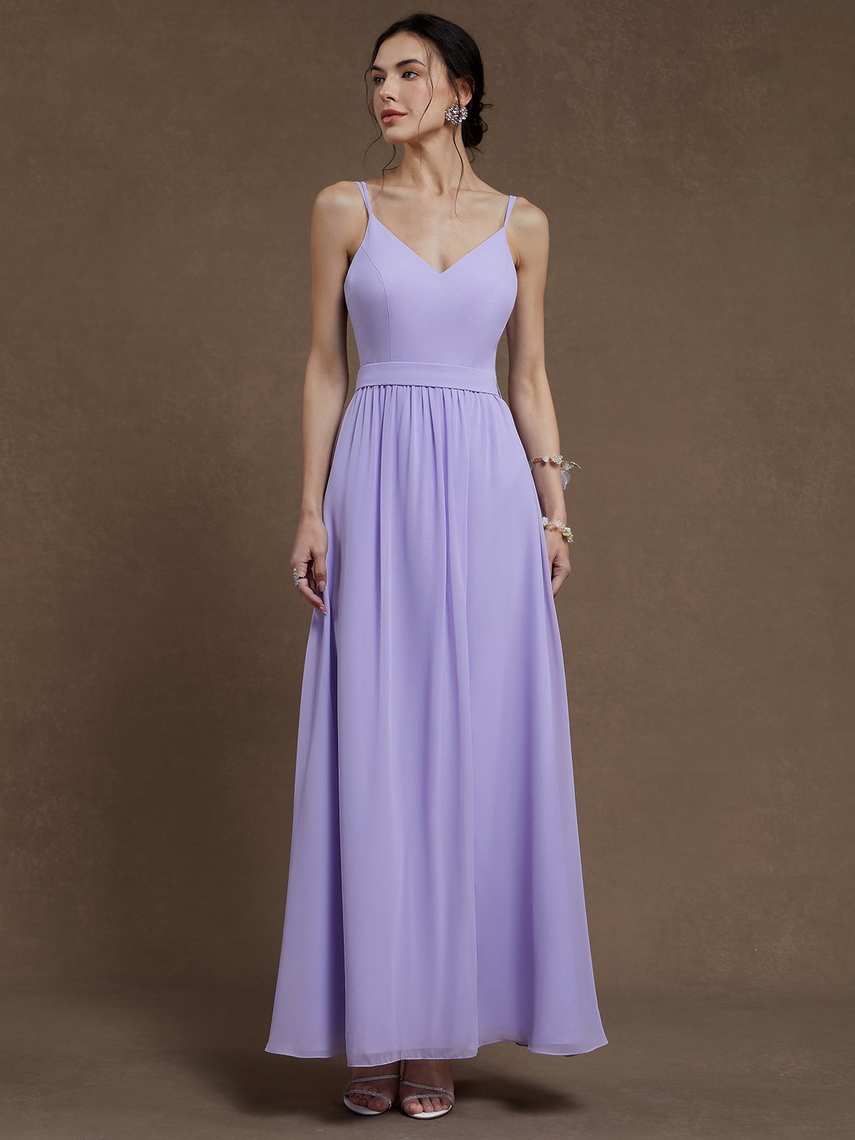 Purple Chiffon Spaghetti Gallus A-Line Gown Dress