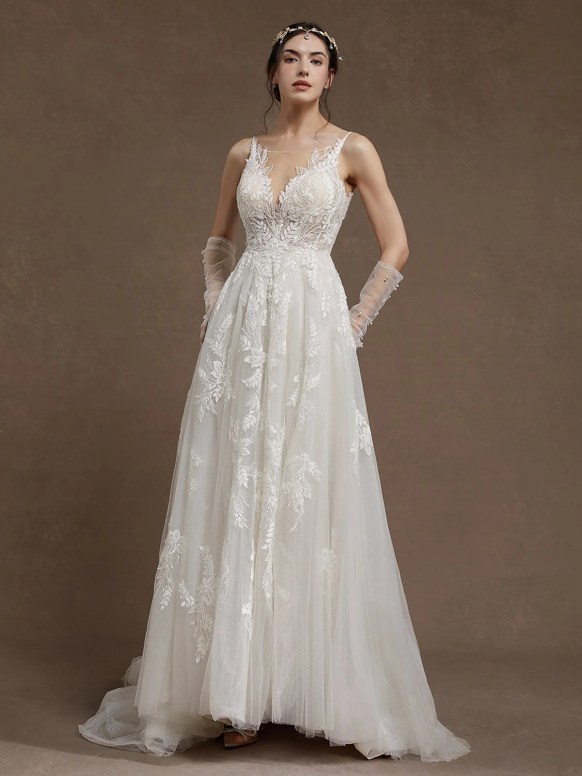 White Lace Wedding Dress Spaghetti Sleeveless A-Line Gown