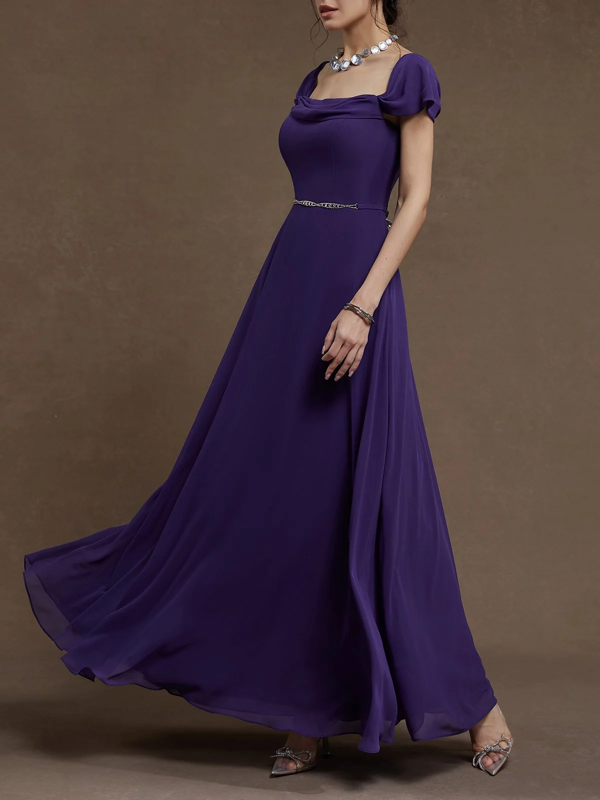 Purple Chiffon Spaghetti Long Sleeve A-Line Maxi Dress