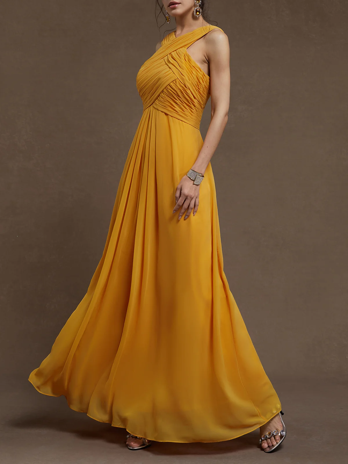 Yellow Ruched Cross Neck Sleeveless Mermaid Maxi Chiffon Dress