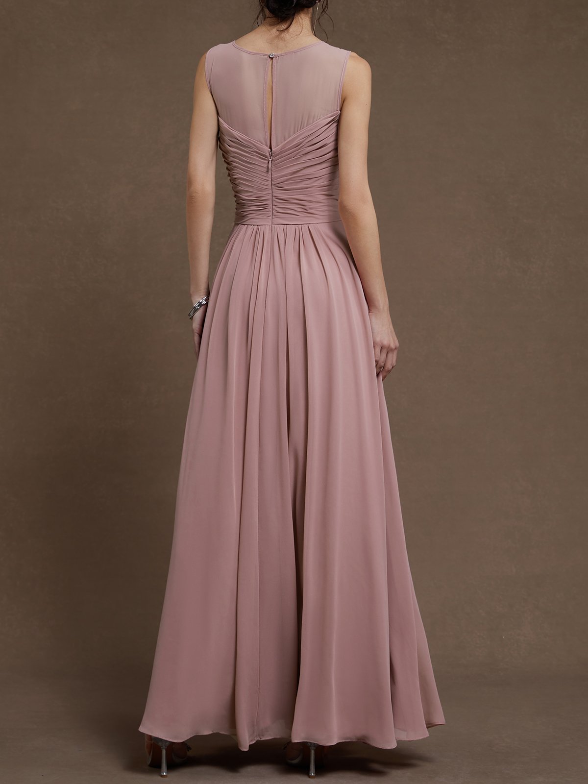 Pink Ruched Chiffon Crew Neck Sleeveless A-Line Maxi Dress