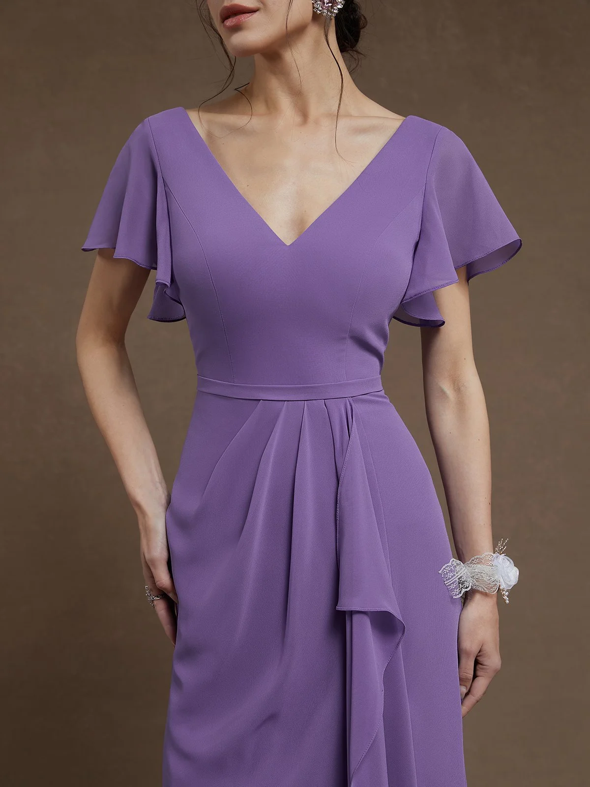 Purple Ruched V Neck Ruffle Sleeve A-Line Maxi Chiffon Dress