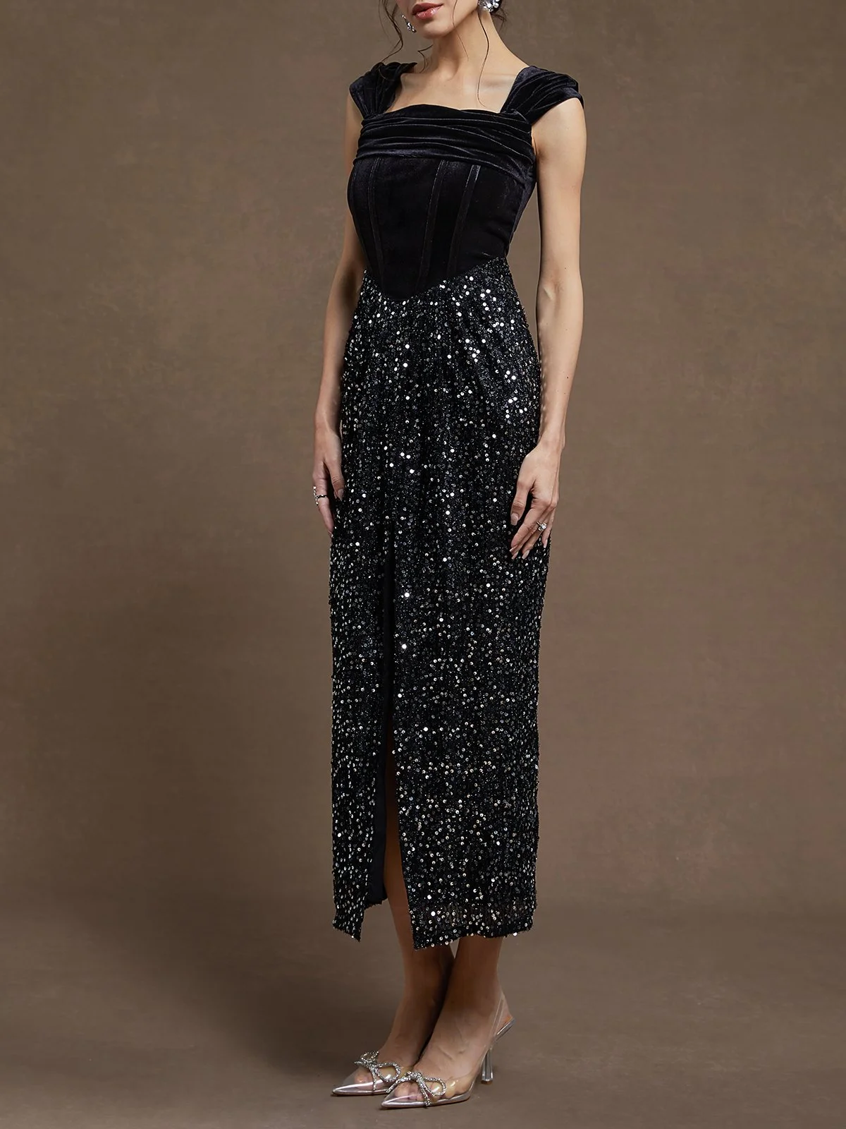 Black Sequin Ruched Square Neck Sheath Midi Velvet  Dress