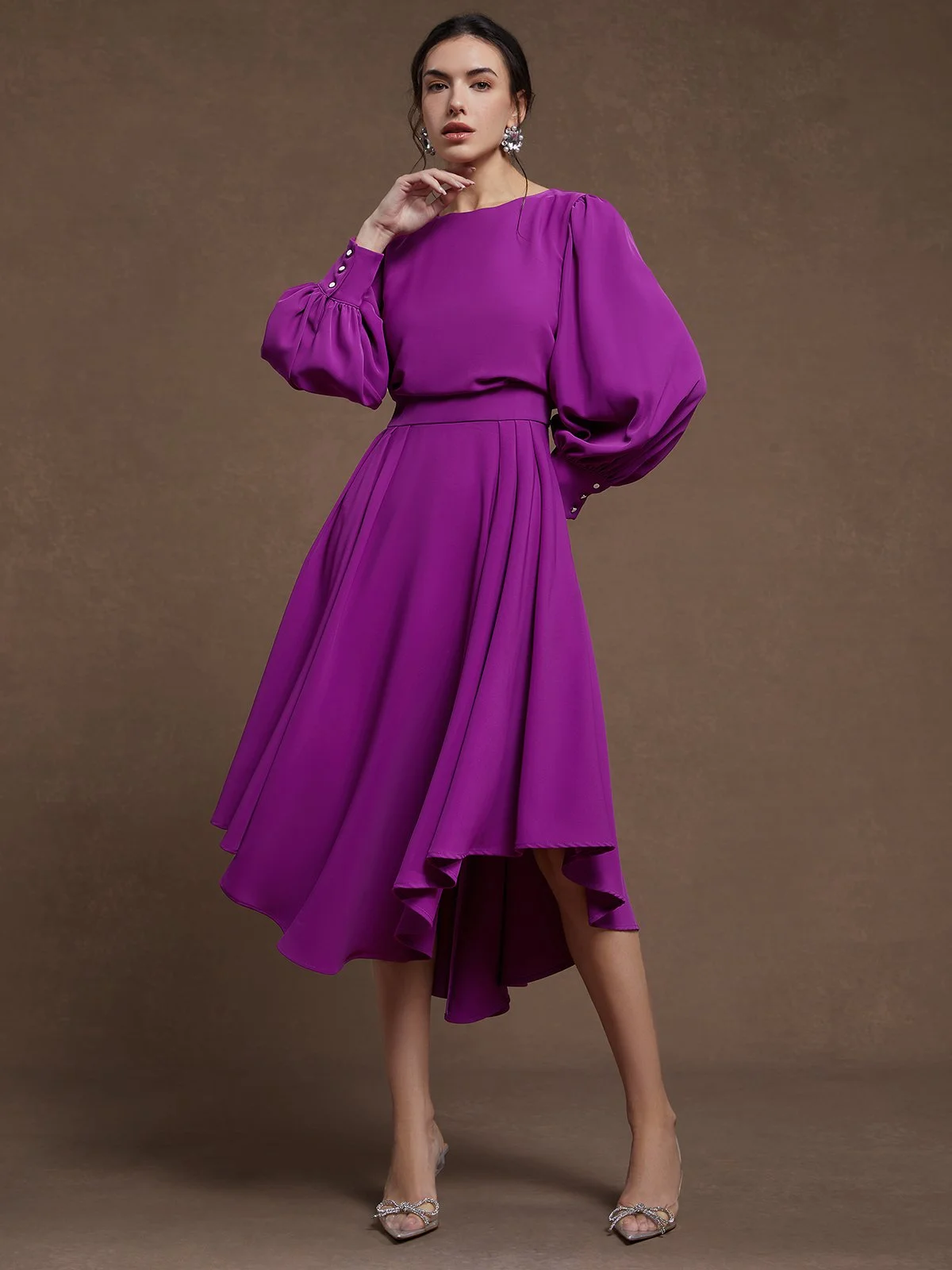 Rose Red Asymmetric Classic Boat Neck Long Sleeve Balloon Sleeve A-Line Midi Dress