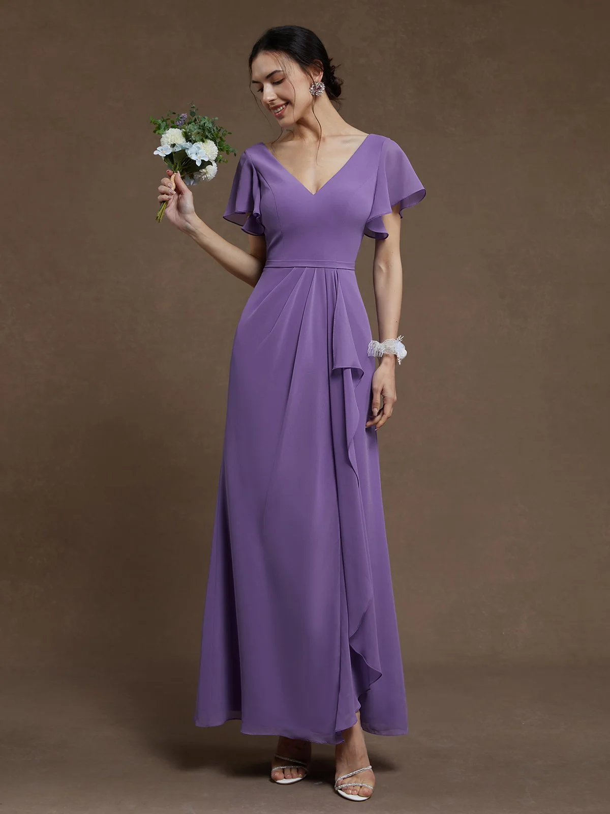 Purple Ruched V Neck Ruffle Sleeve A-Line Maxi Chiffon Dress