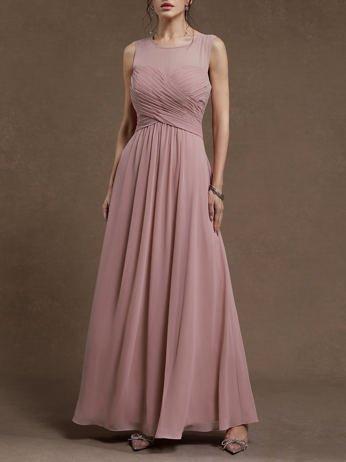 Pink Ruched Chiffon Crew Neck Sleeveless A-Line Maxi Dress