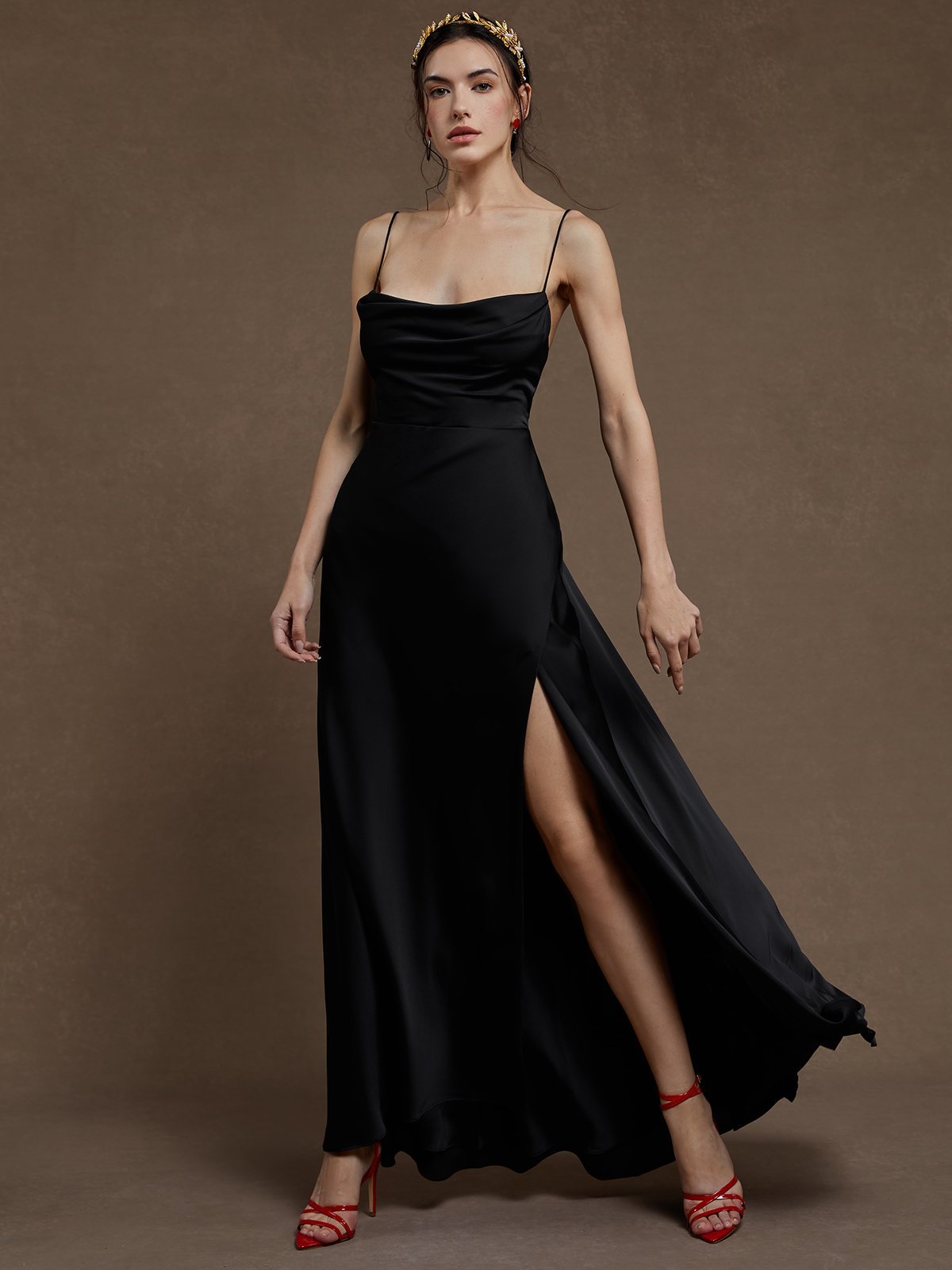 Black Slit Cowl Neck Gallus Mermaid Maxi Satin Dress