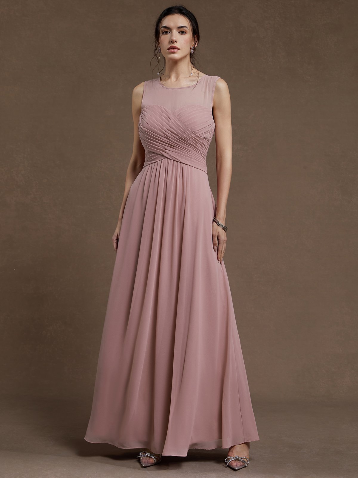 Pink Ruched Chiffon Crew Neck Sleeveless A-Line Maxi Dress