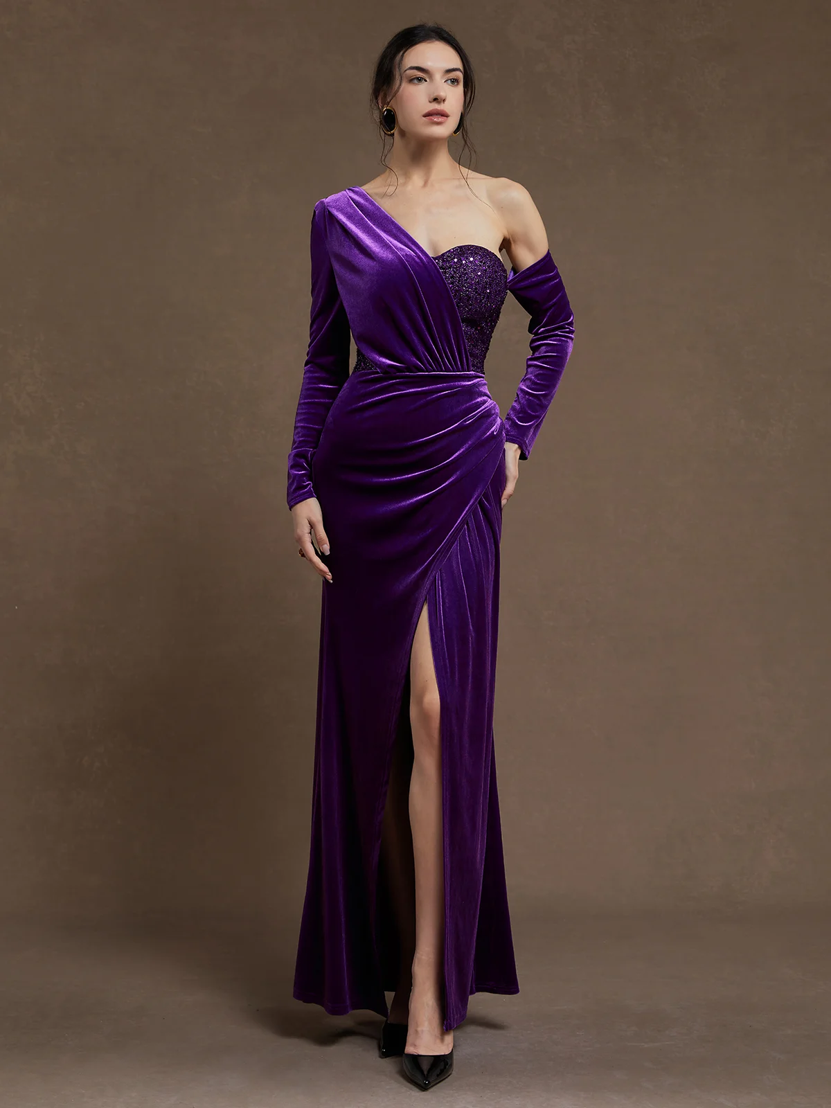 Purple Glitter Ruched Velvet One Shoulder Long Sleeve Sheath Maxi Dress