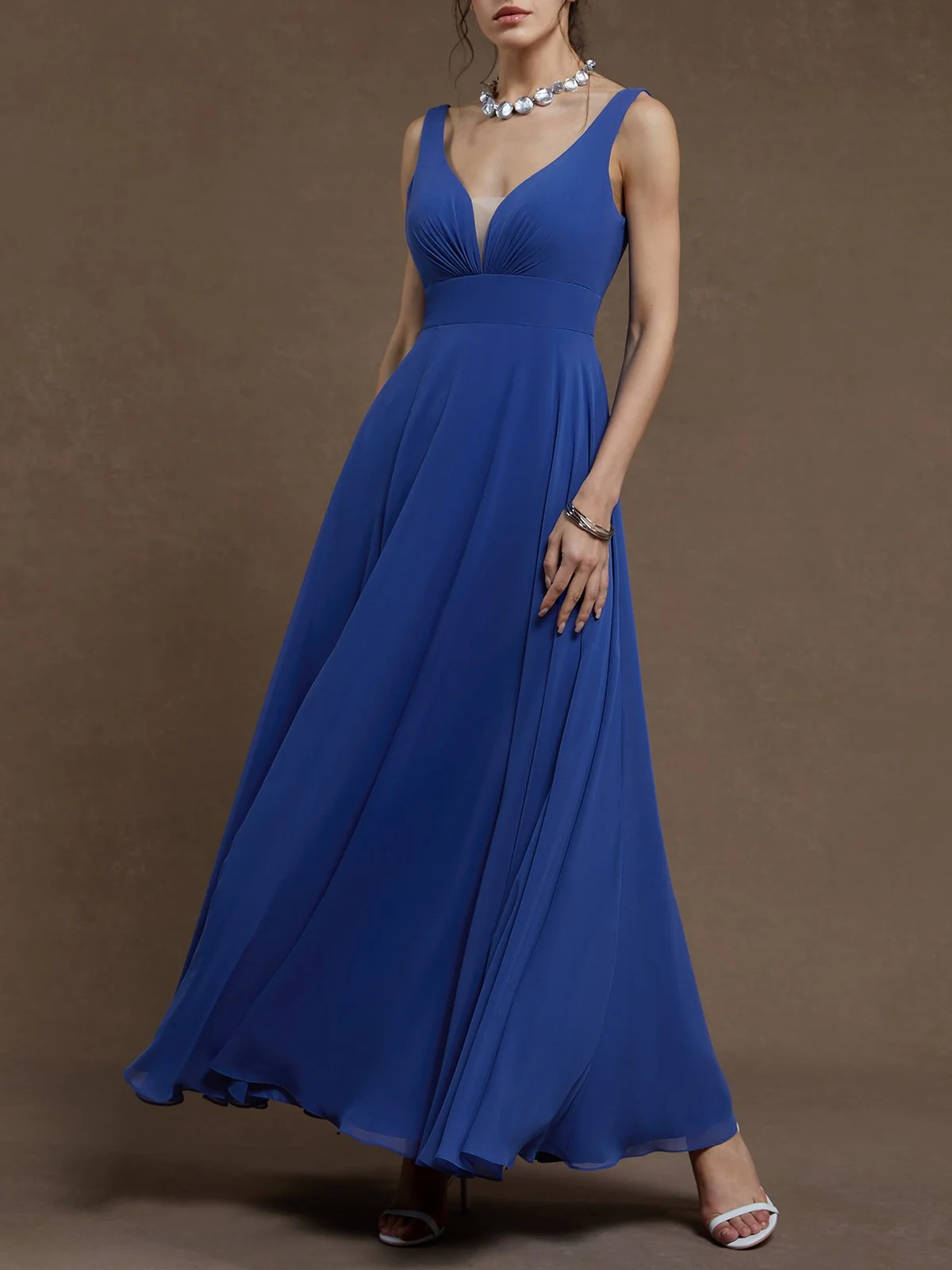 Blue Ruched V Neck Sleeveless A-Line Maxi Chiffon Dress