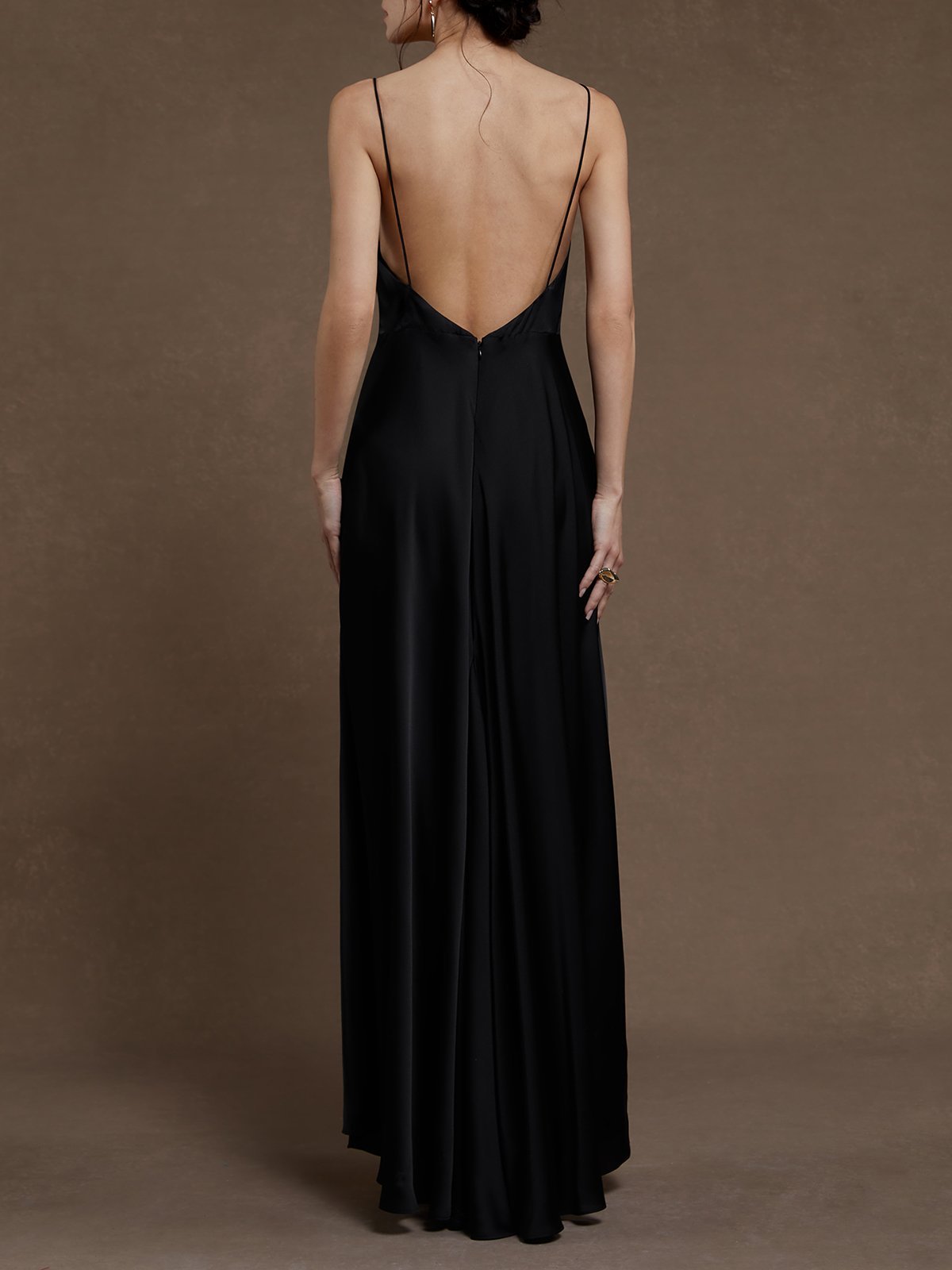 Black Slit Cowl Neck Gallus Mermaid Maxi Satin Dress