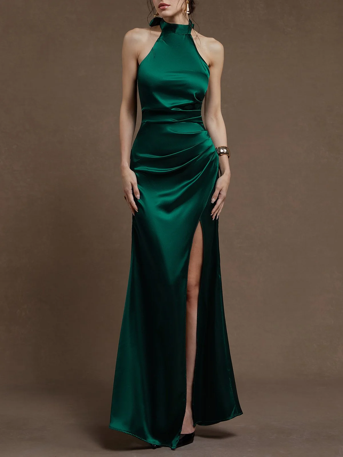 Green Side-Slit Ruched Satin Halter Sleeveless Sheath Maxi Dress