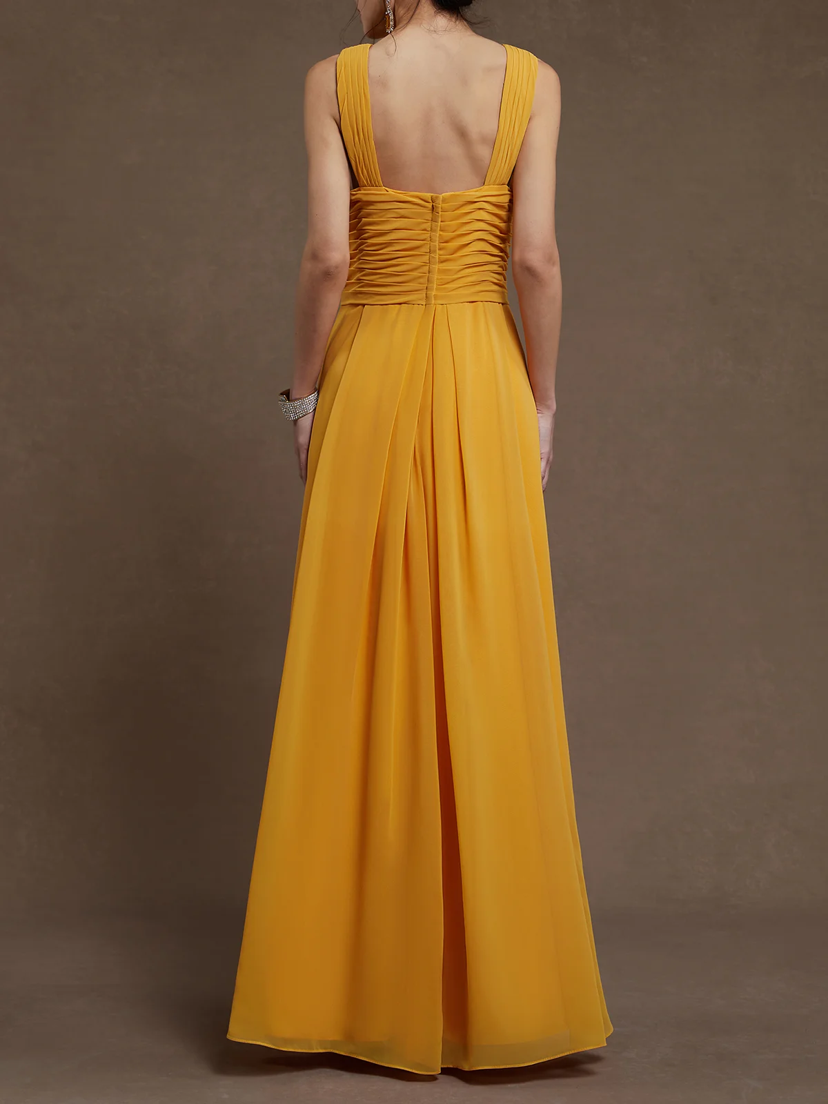 Yellow Ruched Cross Neck Sleeveless Mermaid Maxi Chiffon Dress