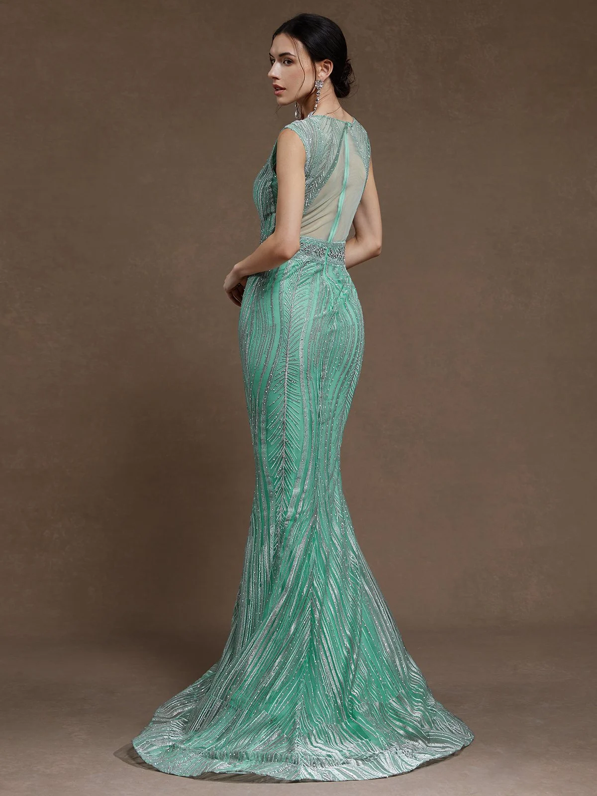 Green Rhinestone Ruched Wedding Dress V Neck Sleeveless Mermaid Gown Dress