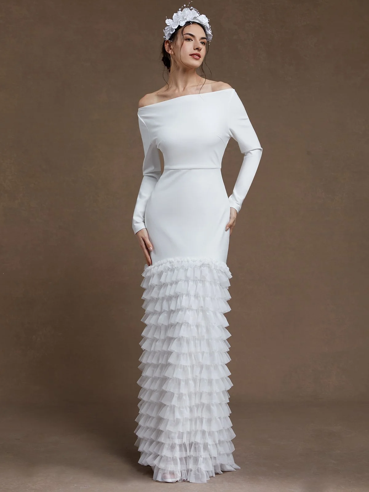 Off White Ruched Classic Off The Shoulder Long Sleeve Mermaid Gown