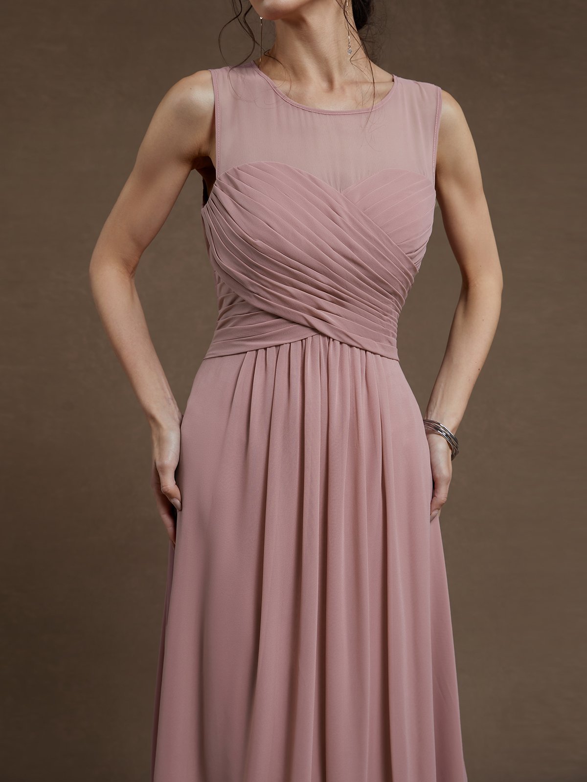 Pink Ruched Chiffon Crew Neck Sleeveless A-Line Maxi Dress