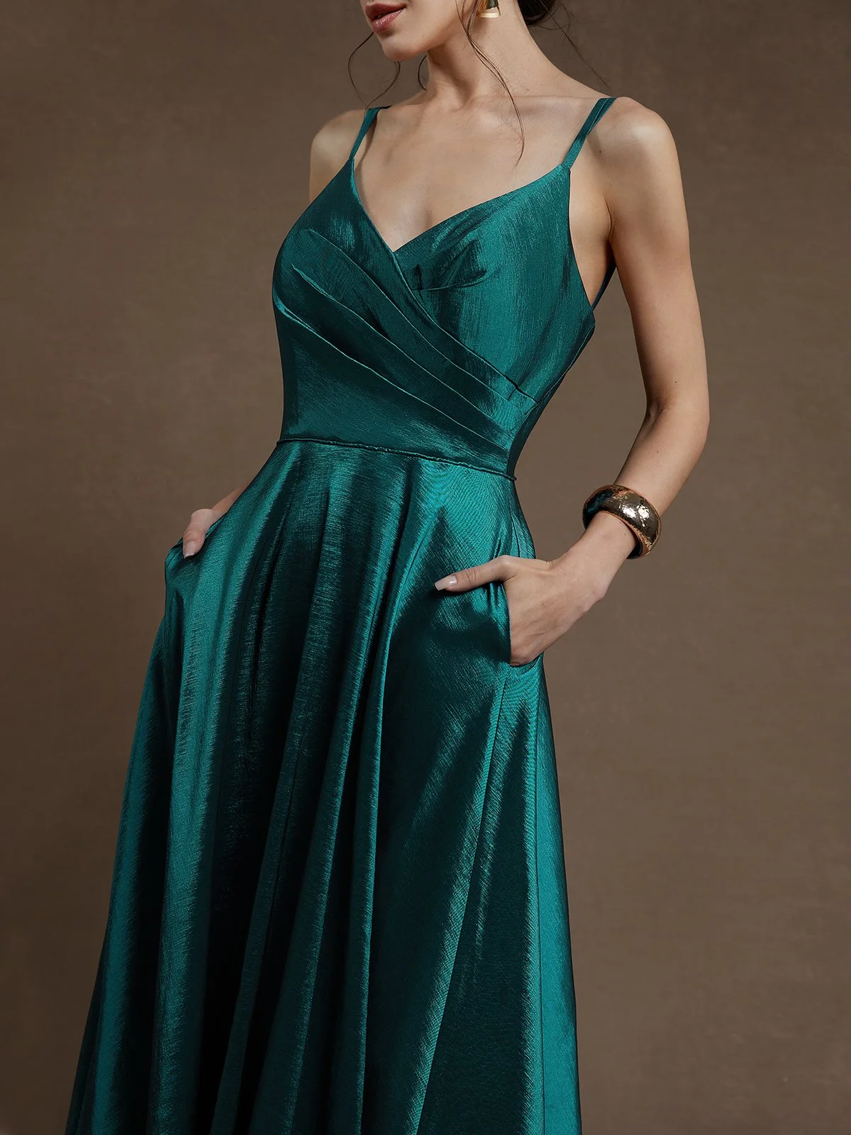 Cyan Satin Spaghetti Gallus A-Line Maxi Dress