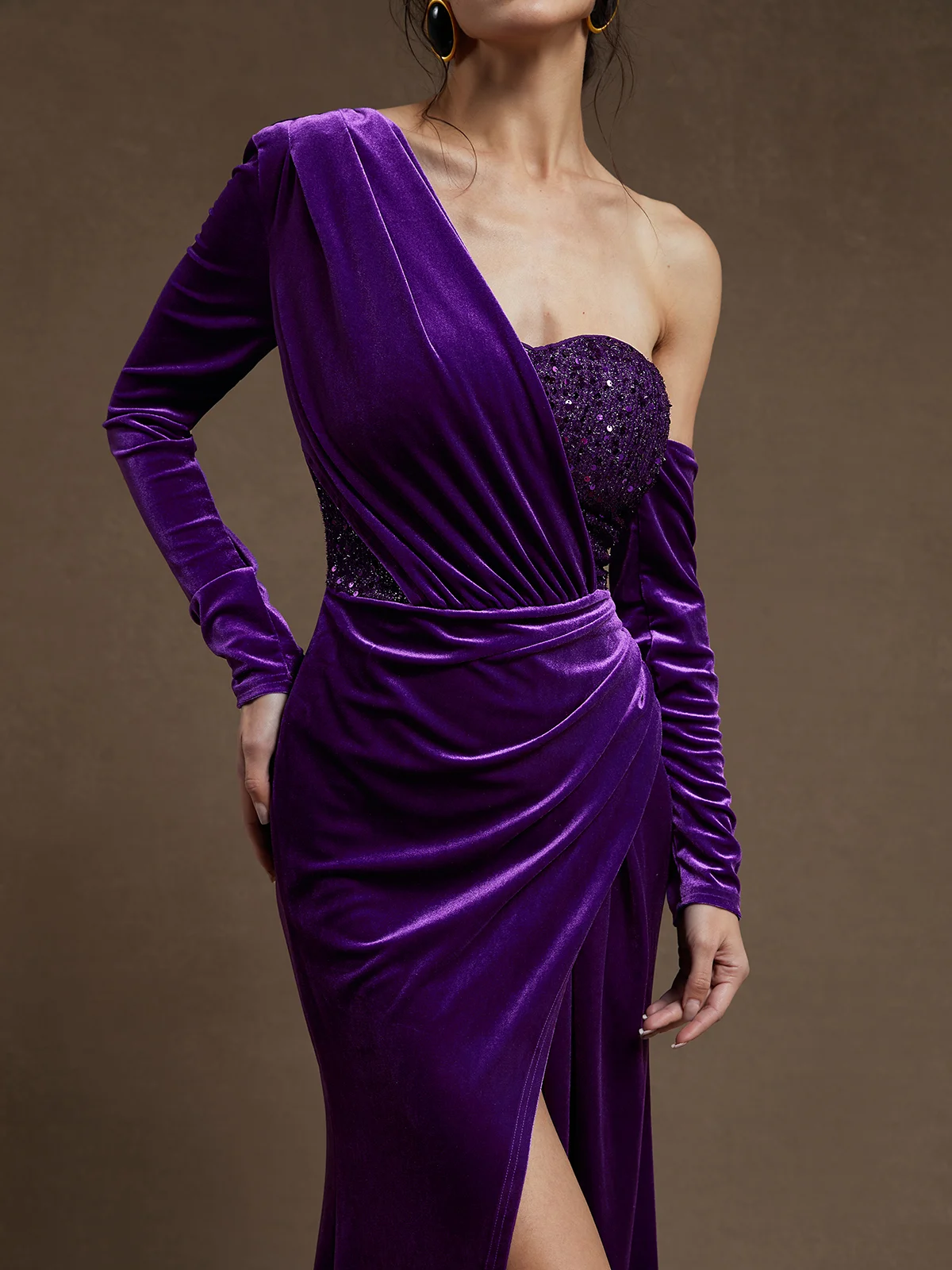 Purple Glitter Ruched Velvet One Shoulder Long Sleeve Sheath Maxi Dress