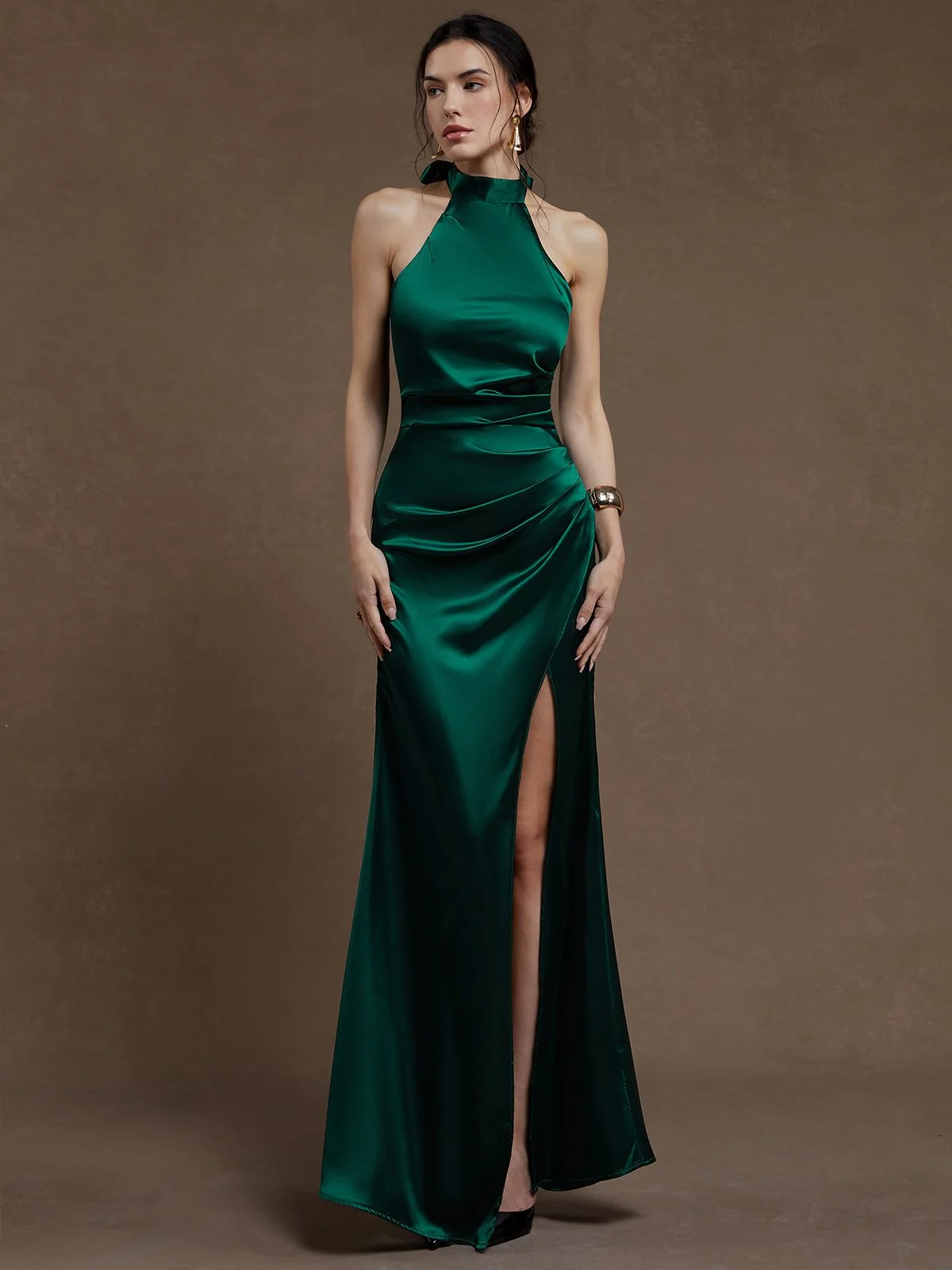 Green Side-Slit Ruched Satin Halter Sleeveless Sheath Maxi Dress