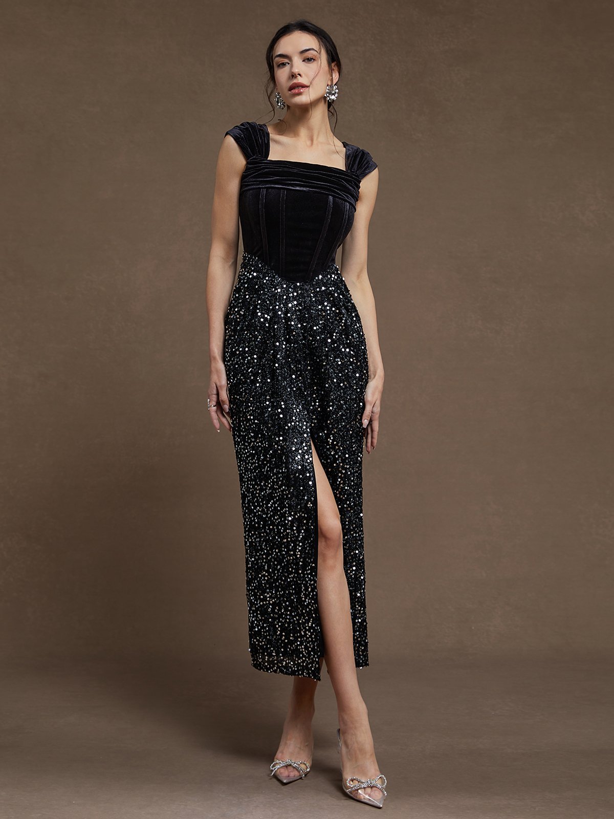 Black Sequin Ruched Square Neck Sheath Midi Velvet  Dress