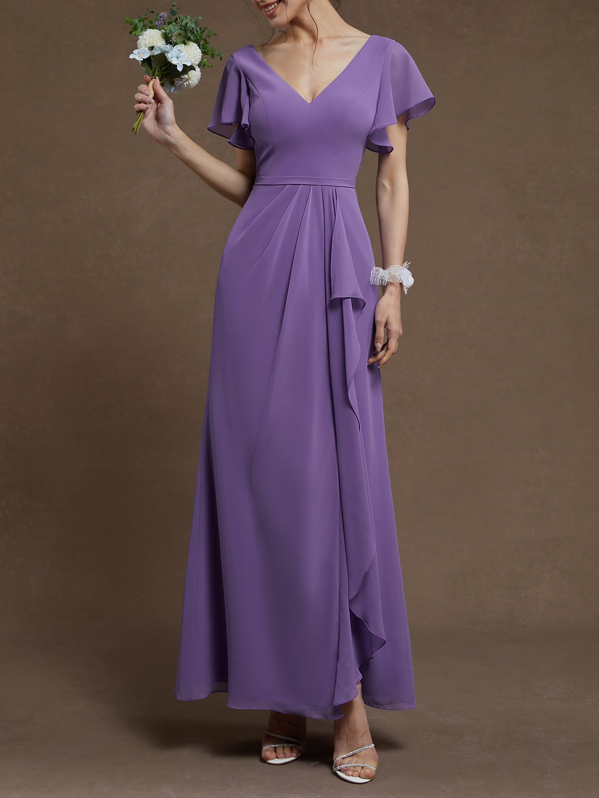 Purple Ruched V Neck Ruffle Sleeve A-Line Maxi Chiffon Dress