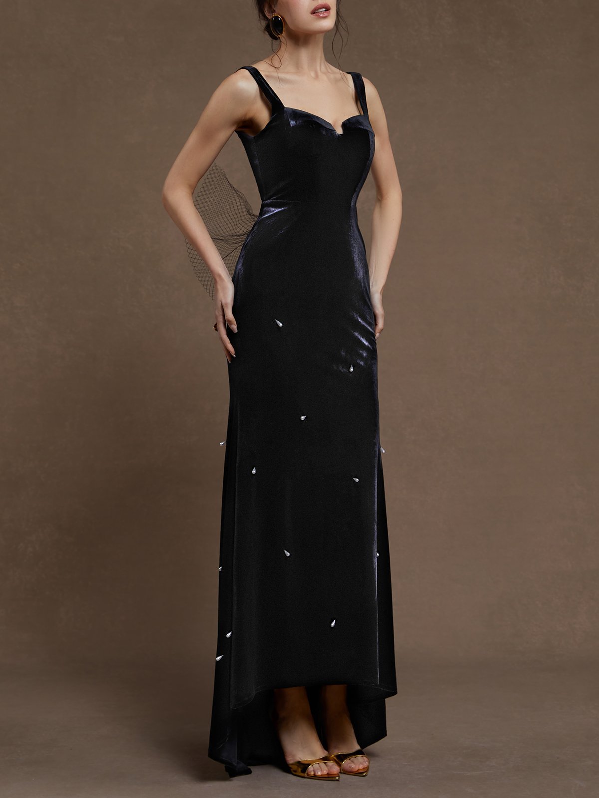 Black Velvet Spaghetti Sleeveless A-Line Gown