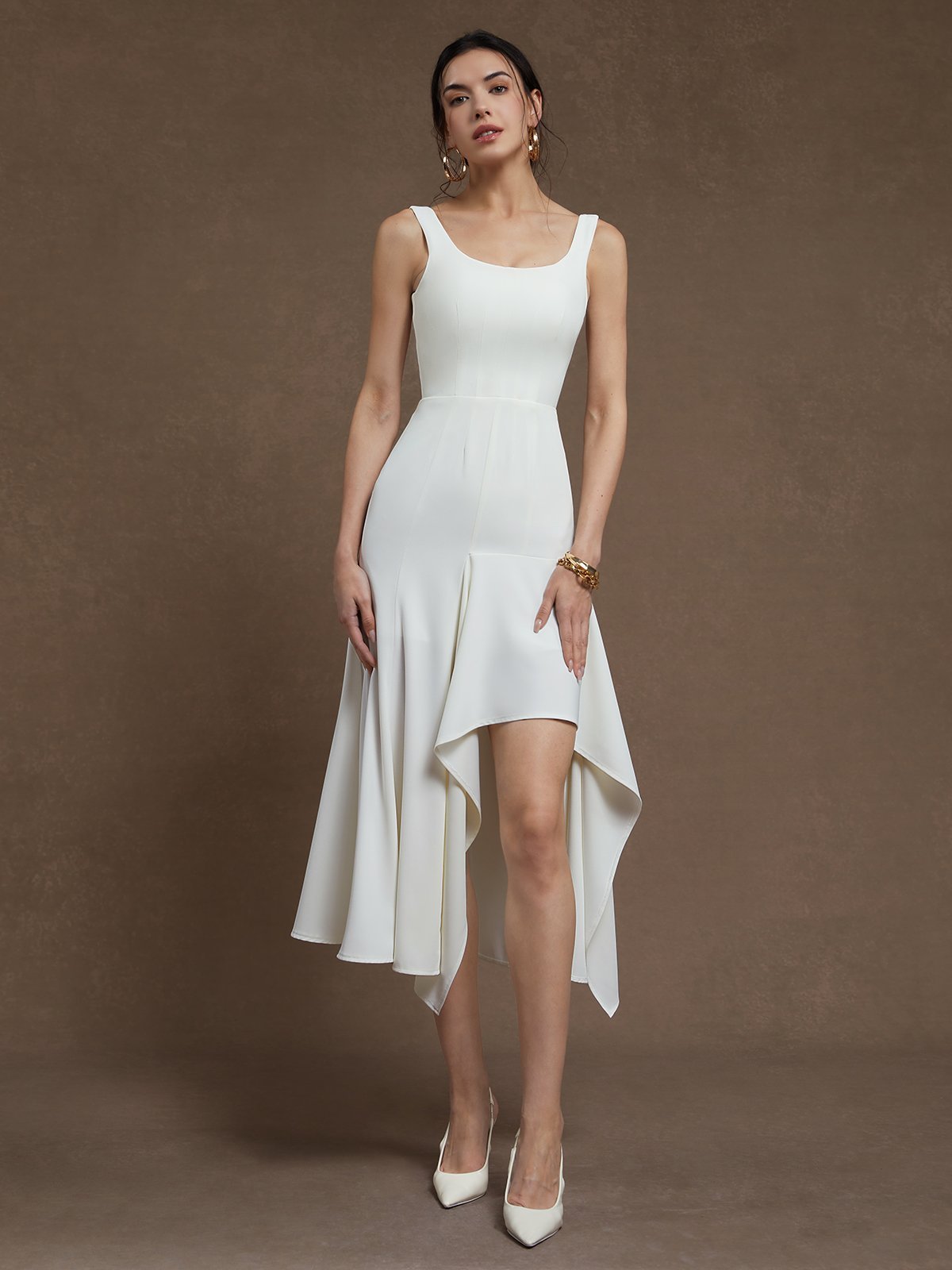 White Asymmetric Classic Spaghetti Sleeveless A-Line Midi Dress