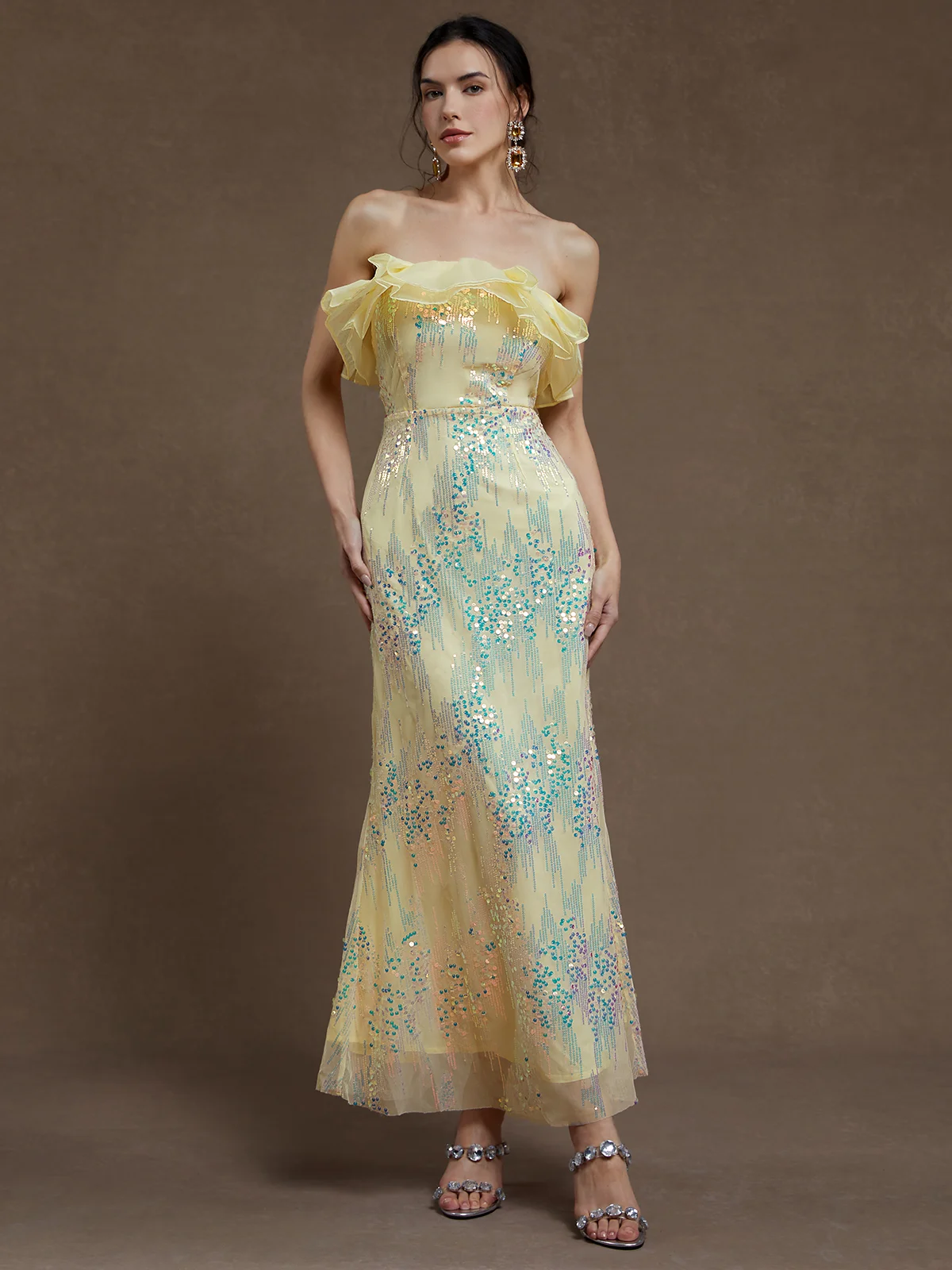 Light Yellow Peplum Strapless Mermaid Maxi Sequin Dress