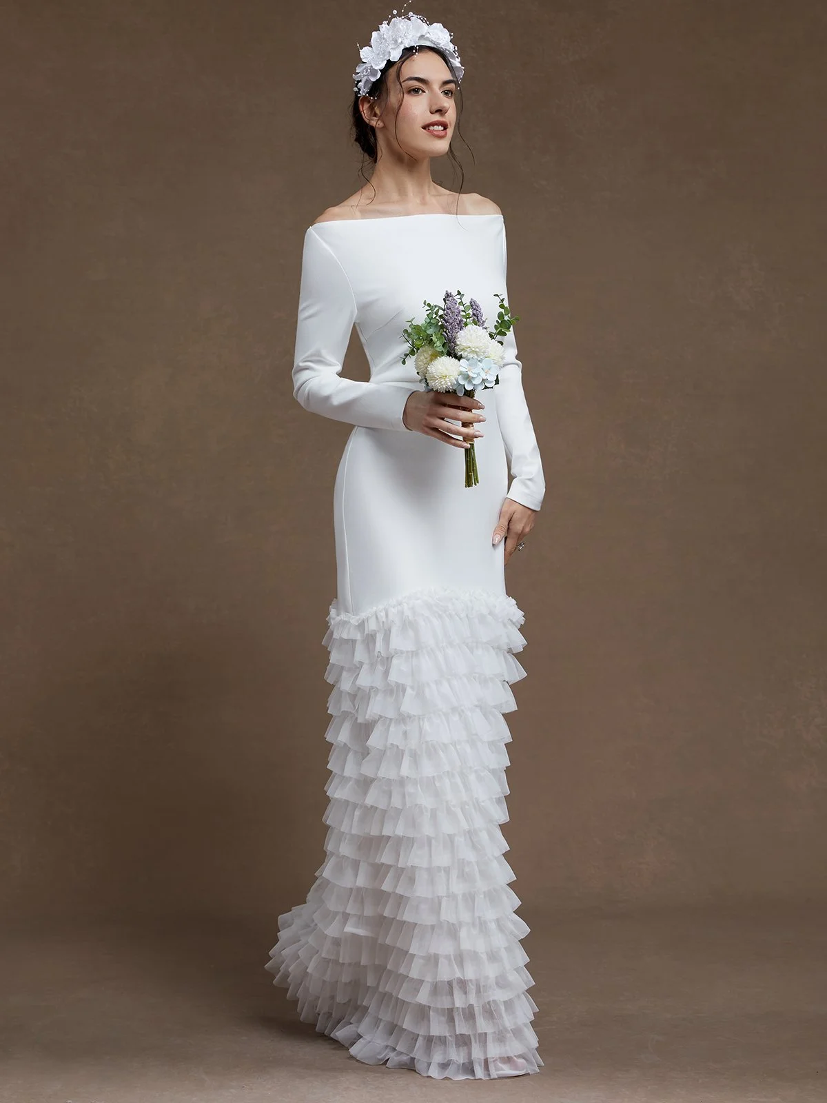 Off White Ruched Classic Off The Shoulder Long Sleeve Mermaid Gown