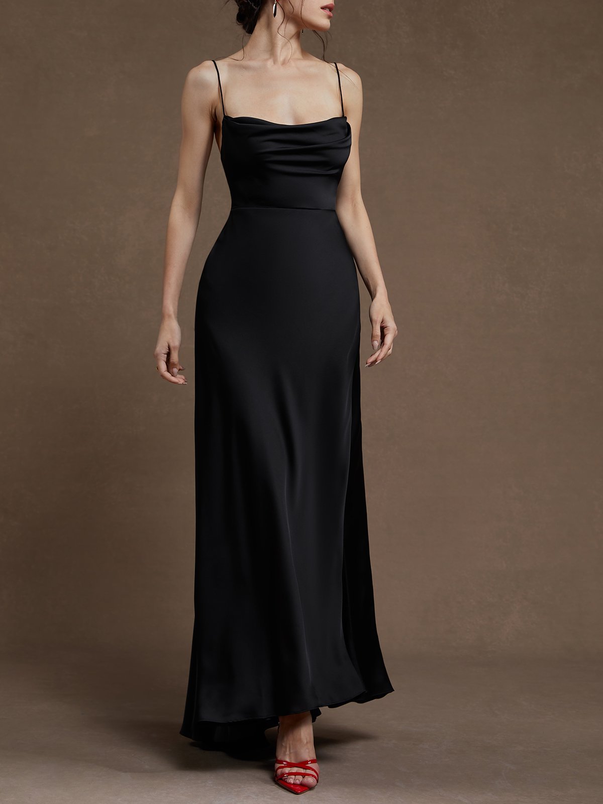 Black Slit Cowl Neck Gallus Mermaid Maxi Satin Dress