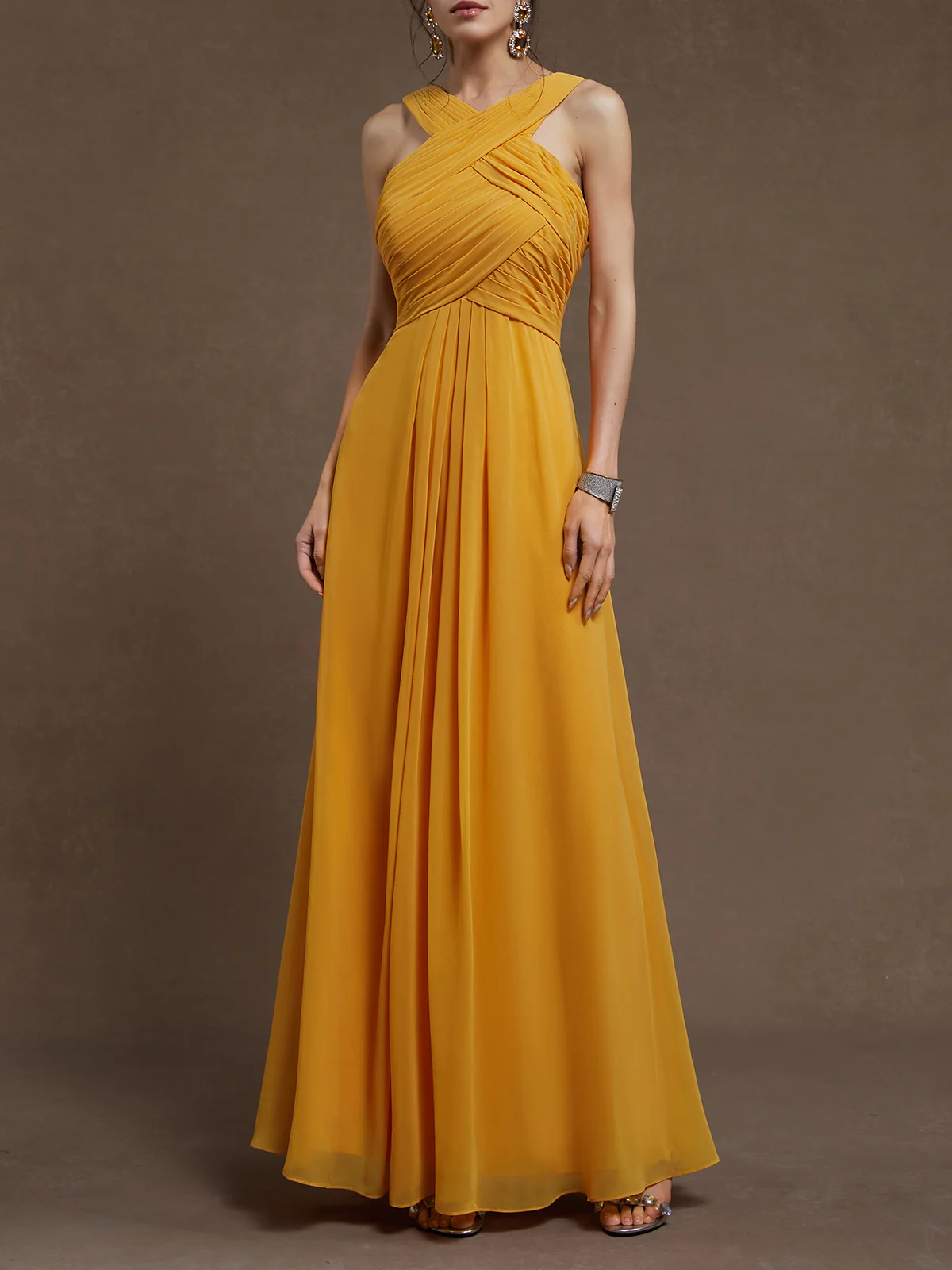 Yellow Pleated Cross Neck Sleeveless A-Line Maxi Chiffon Dress